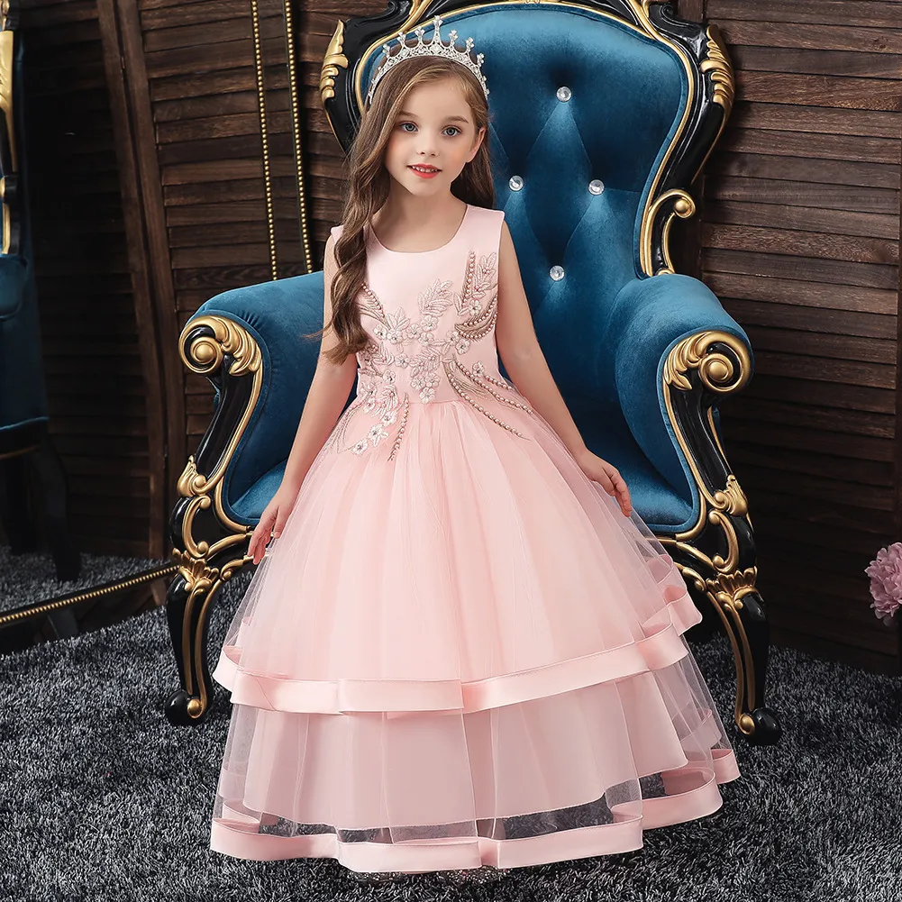Abito da sposa lungo per bambini europei e americani di alta qualità moda pengpeng maglia Princess Dress Girls' vestito da spettacolo teatrale
