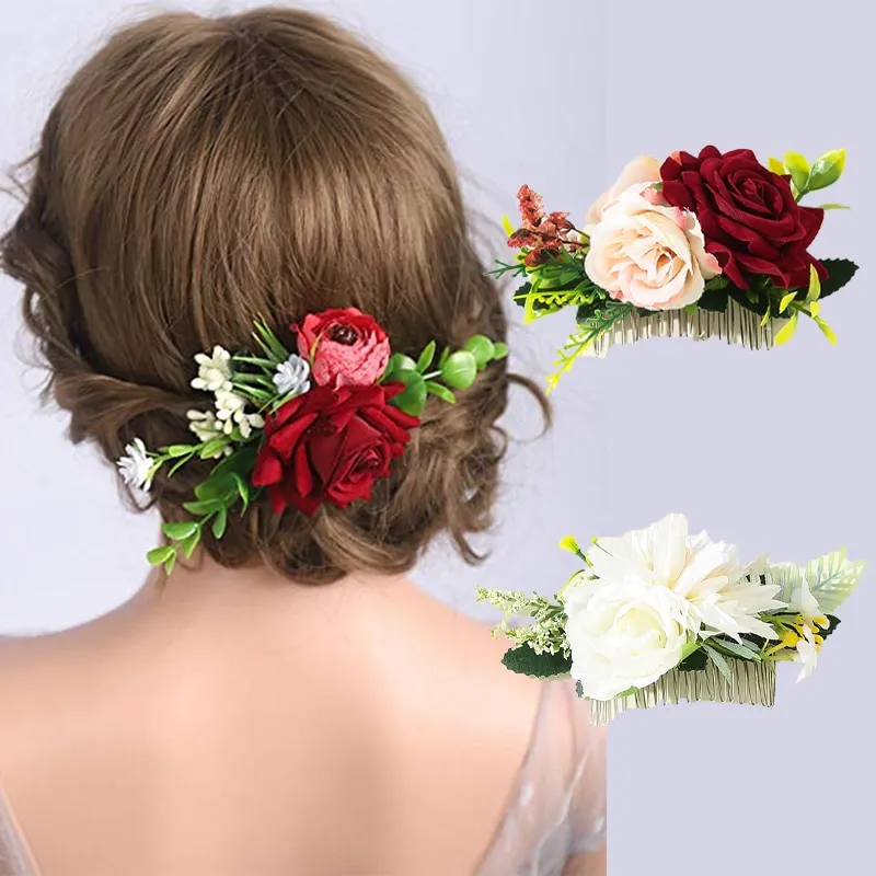 New Boho Bridal Hair Combs Rustic Wedding White Daisy Women Red Rose Forcine Spose Accessori per capelli Greenery Combs Headwear