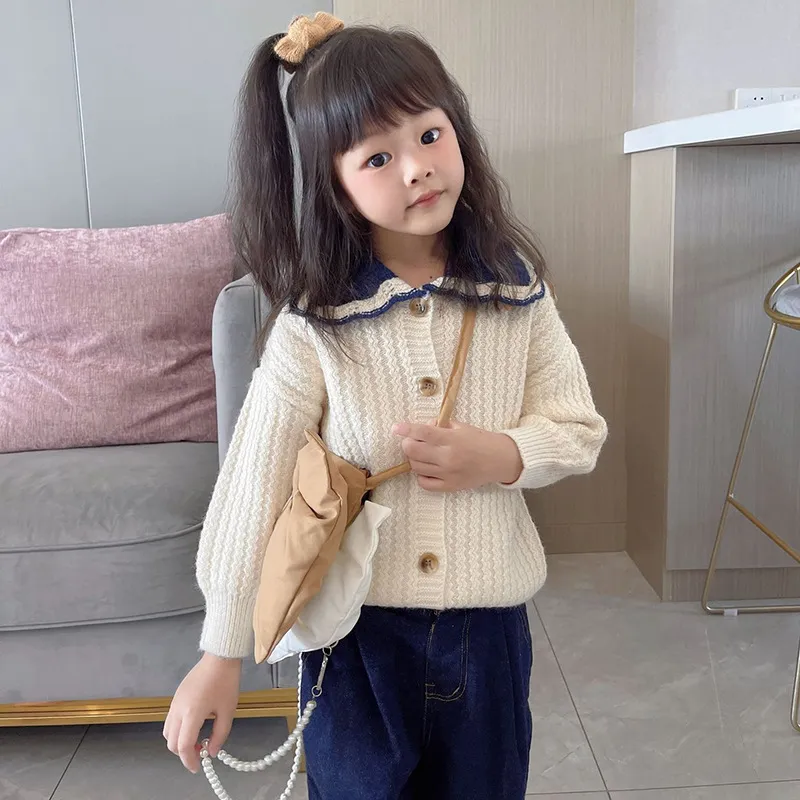 Abbigliamento coreano per bambini autunno bavero ragazza maglione cardigan carino bambola colletto giacca lavorata a maglia