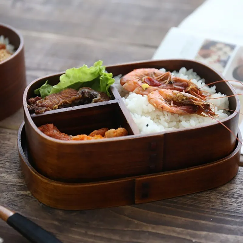 ONEUP Lunchbox Marrone Legno Giapponese Legno Naturale Ecologico Bento Box Sushi Box Contenitore per Alimenti Portatile con Borse