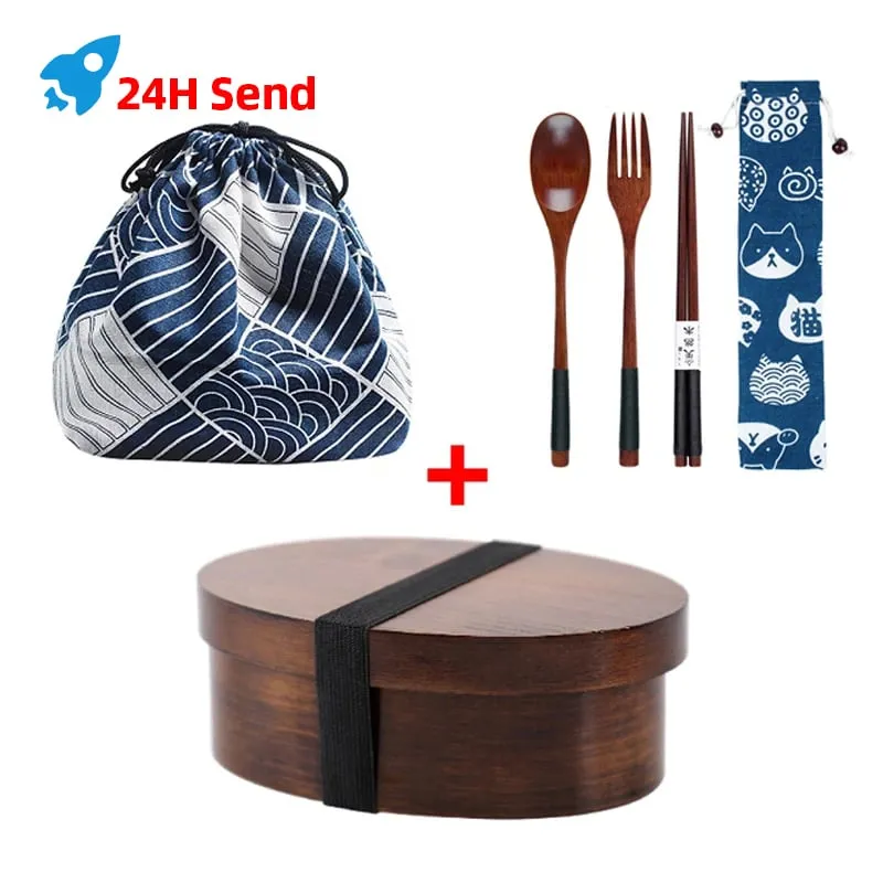 Bento box in legno giapponese pranzo per bambini picnic box set stoviglie sacchetto isolante bacchette cucchiaio forchetta contenitore per alimenti