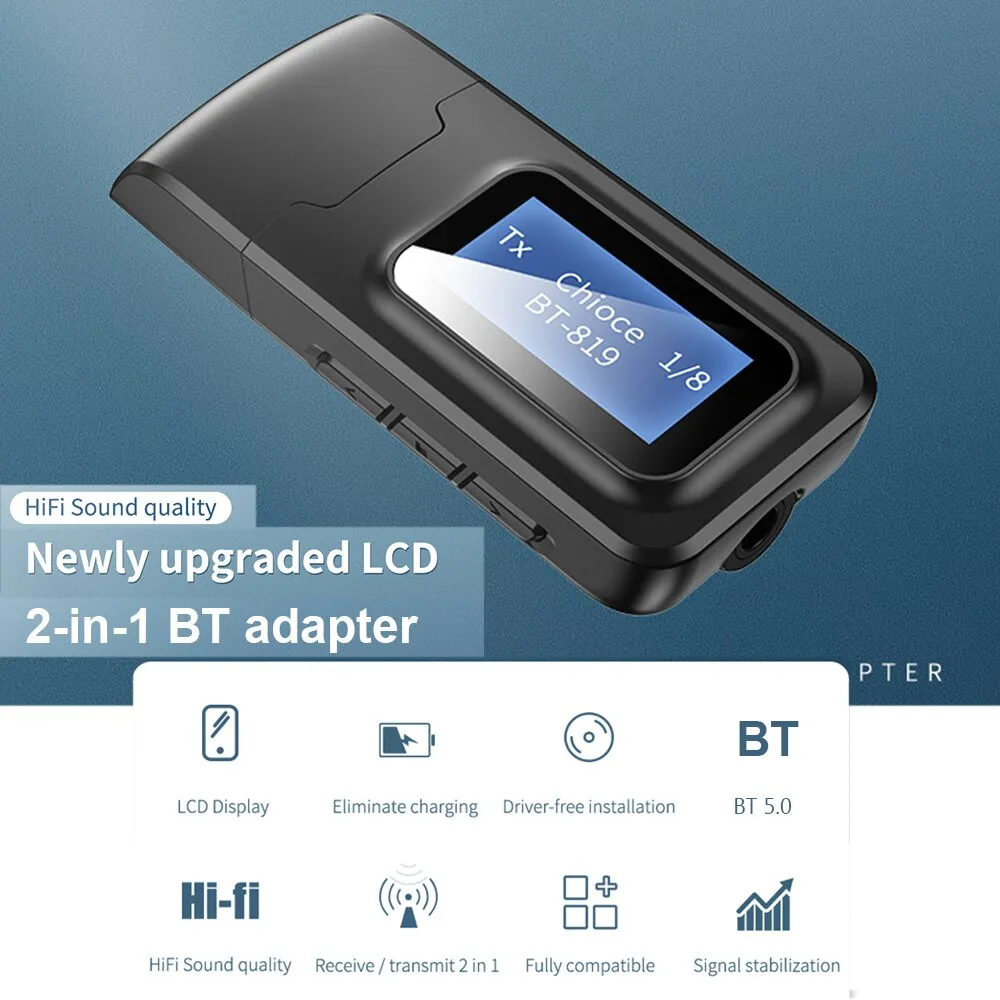 Adattatore wireless Bluetooth 5.0 Ricevitore trasmettitore audio 3.5mm Aux Jack 2 IN 1 USB Bluetooth Dongle con display LCD per TV PC