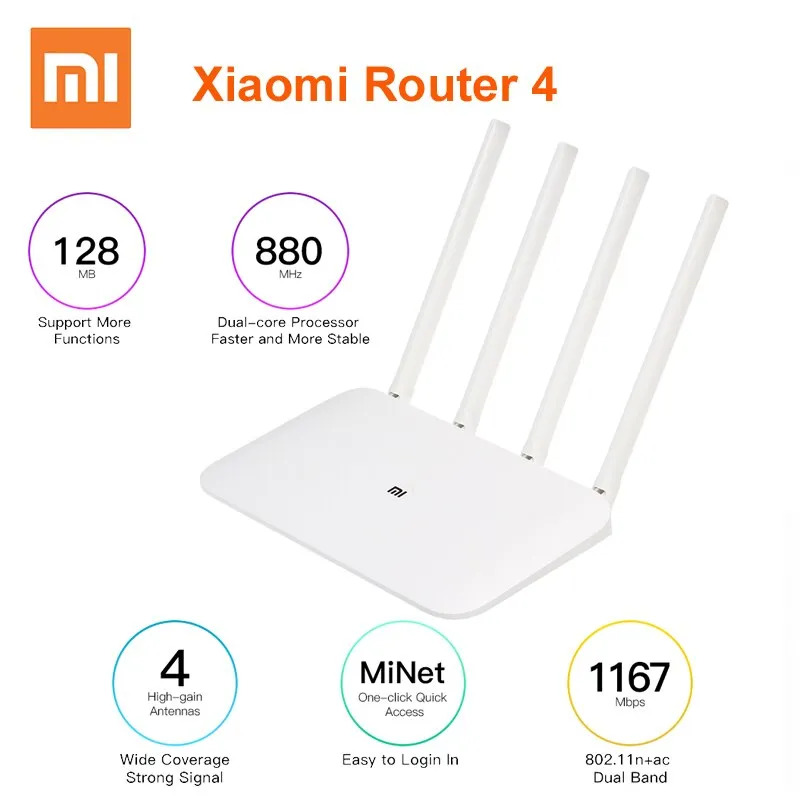 Xiaomi Mi WIFI Router 4 Ripetitore WiFi 1167Mbps Dual Band Dual Core 2.4G 5Ghz 802.11ac Quattro antenne Router wireless di controllo APP