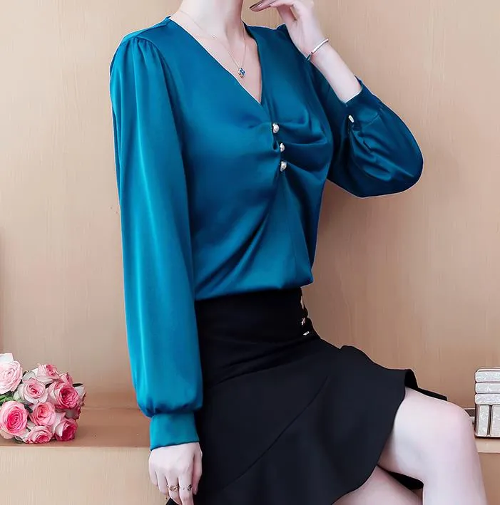 New Imitation Silk a maniche lunghe camicia da donna con scollo a V Piccola camicia in raso coreano coreano