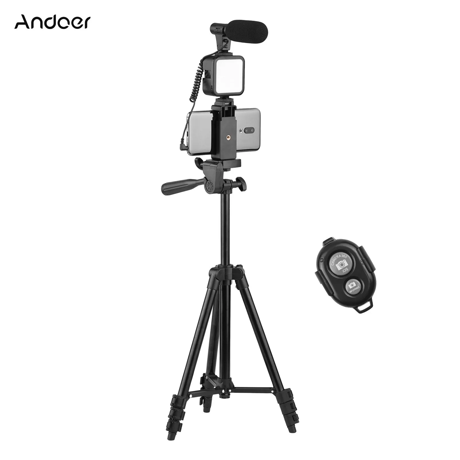 Andoer Phone Vlog Kit treppiede con supporto per telefono altezza Cold Shoe Microfono LED Video Light Otturatore remoto per video fotocamera del tele