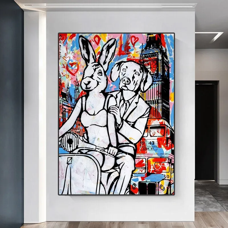 Cartoon Art Dog and Bunny Coppia in sella a un'auto a batteria Graffiti Canvas Painting on The Wall Poster Print Cuadros Room Home Decor