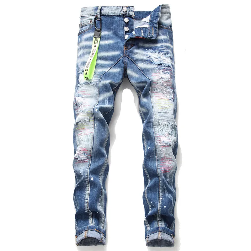 Pantaloni di marca di marea di tendenza con patch strappati da uomo di jeans bianchi originali con puntini di vernice elastica