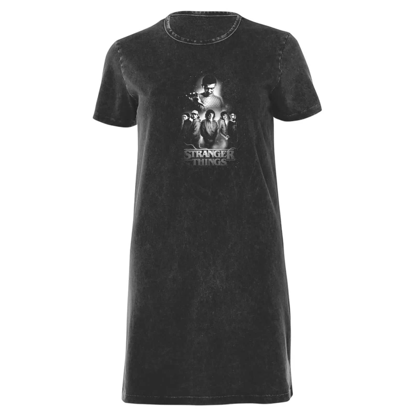  - Vestito T-shirt da donna con composizione dei personaggi in bianco e nero - Lavaggio acido nero - L - Black Acid Wash