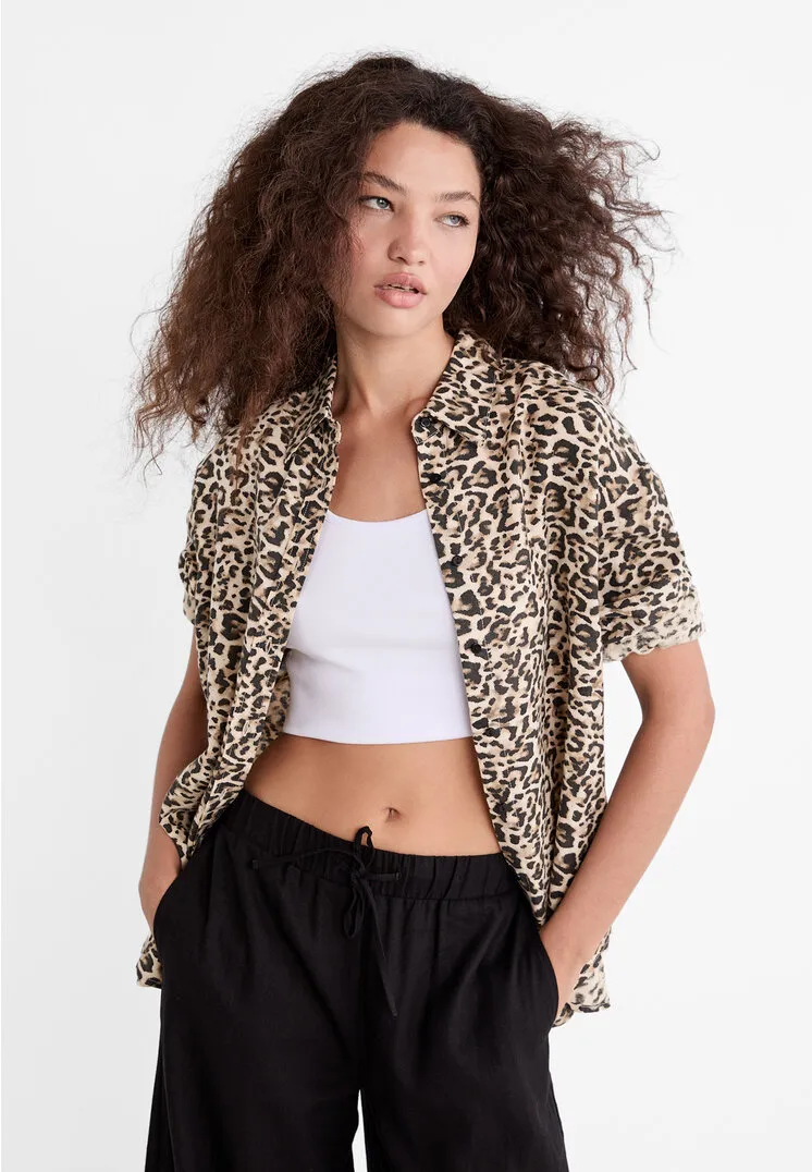  Camicia misto lino leopardata  Beige XL