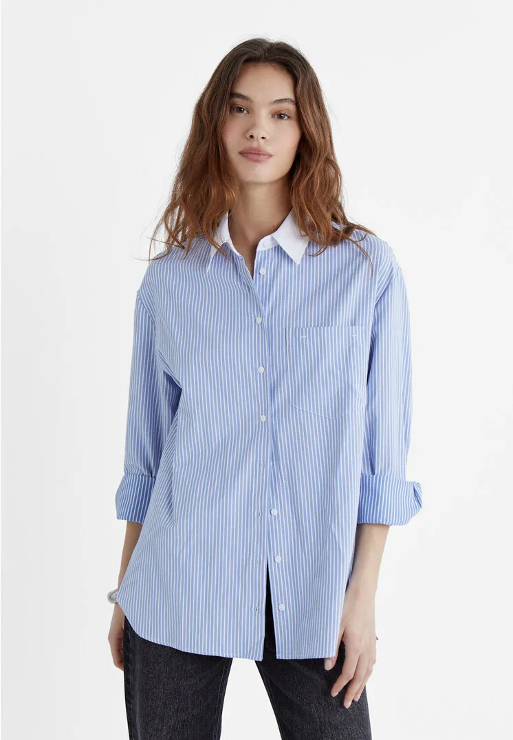  Camicia a righe in popeline oversize  Celeste S