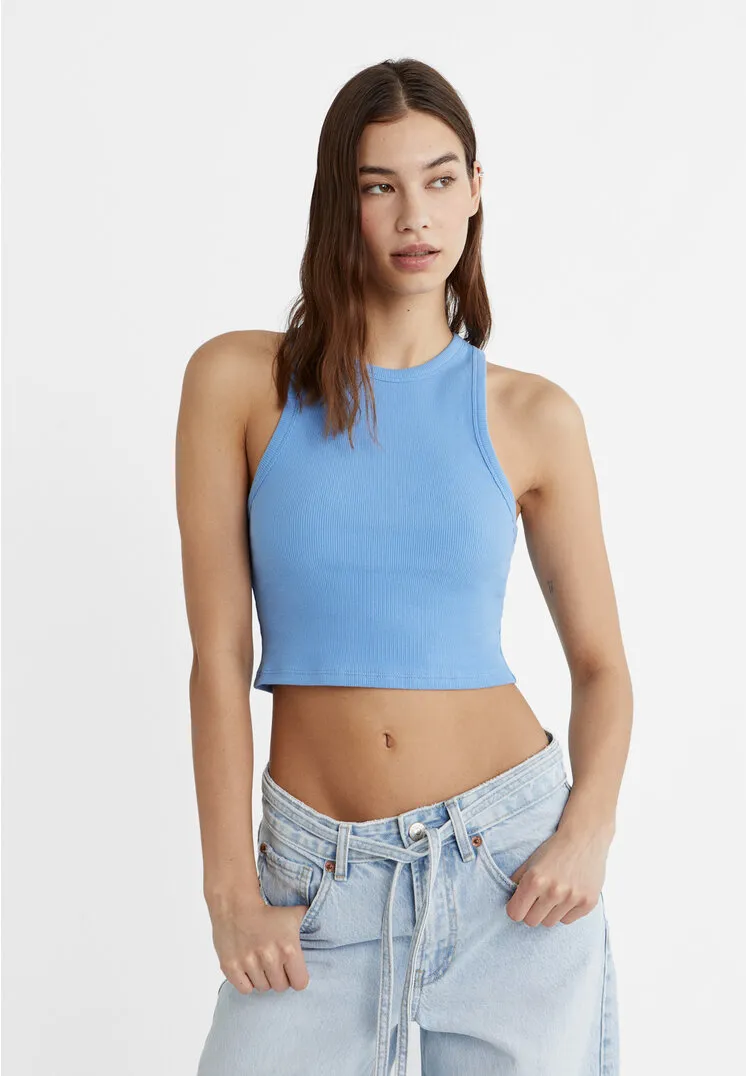  Maglietta cropped basic in canneté  Blu reale S