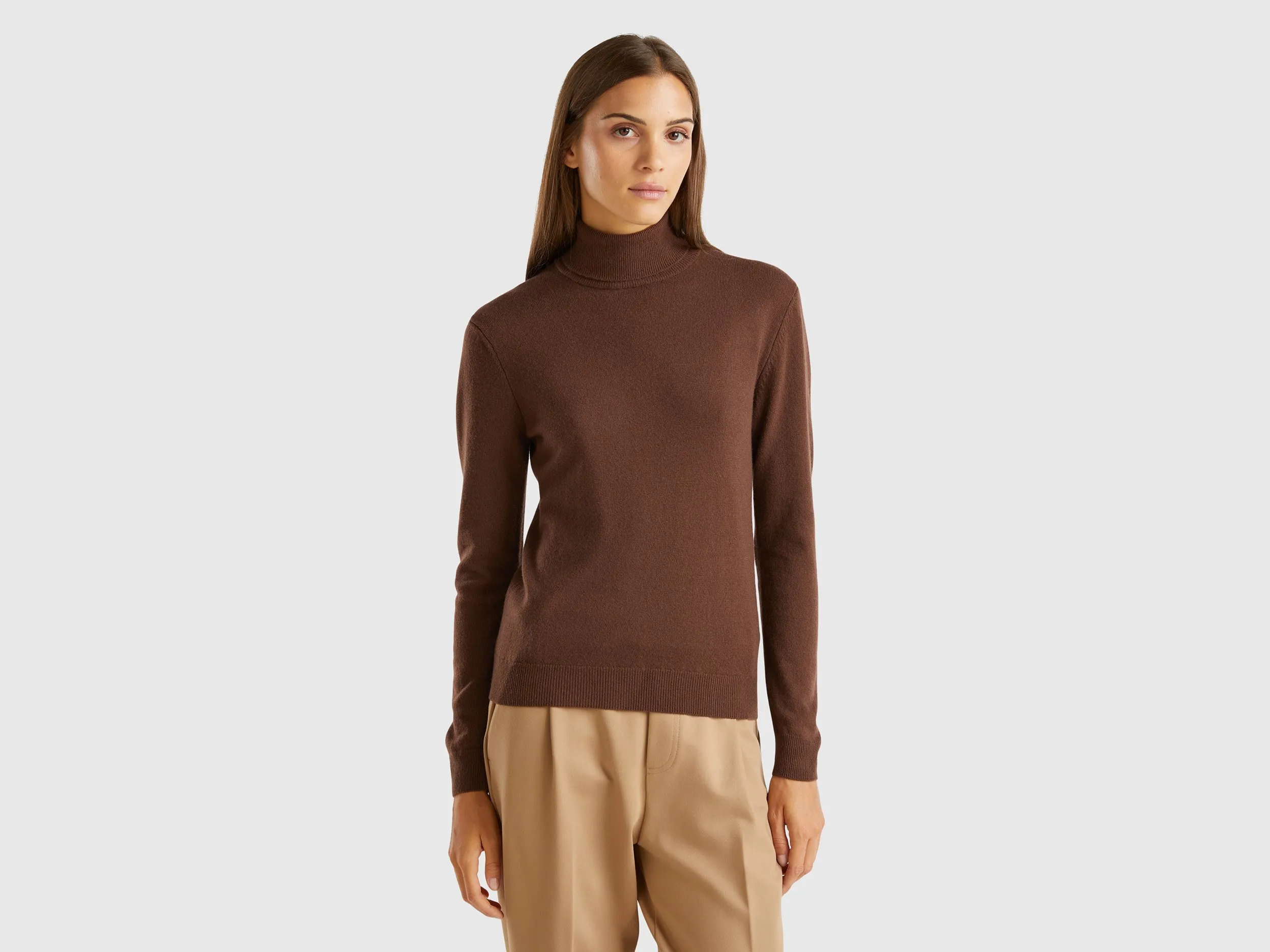 Benetton, Maglione Dolcevita Marrone Scuro In Pura Lana Merino, Marrone Scuro, Donna