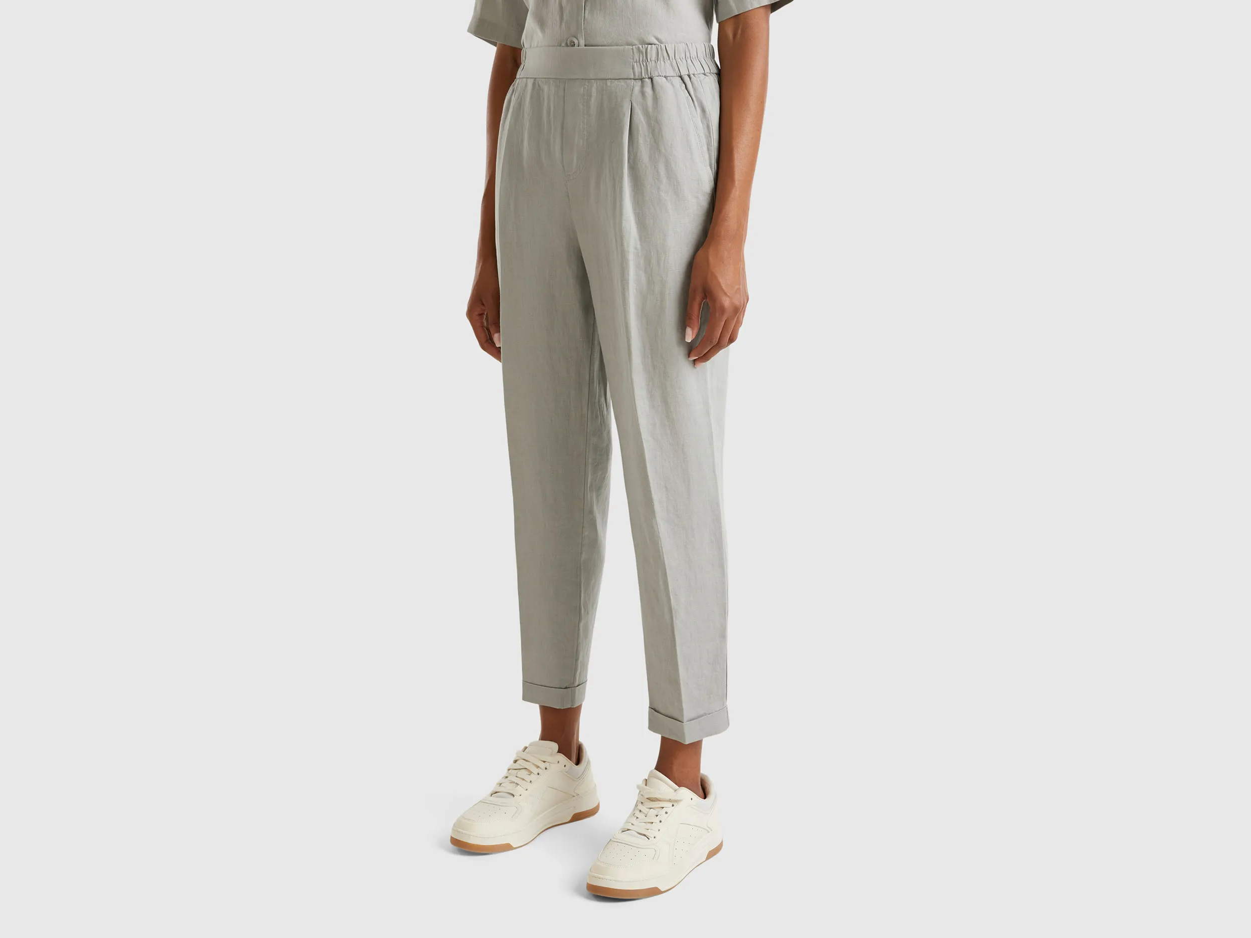 Benetton, Pantaloni Regular Fit In Puro Lino, Grigio, Donna