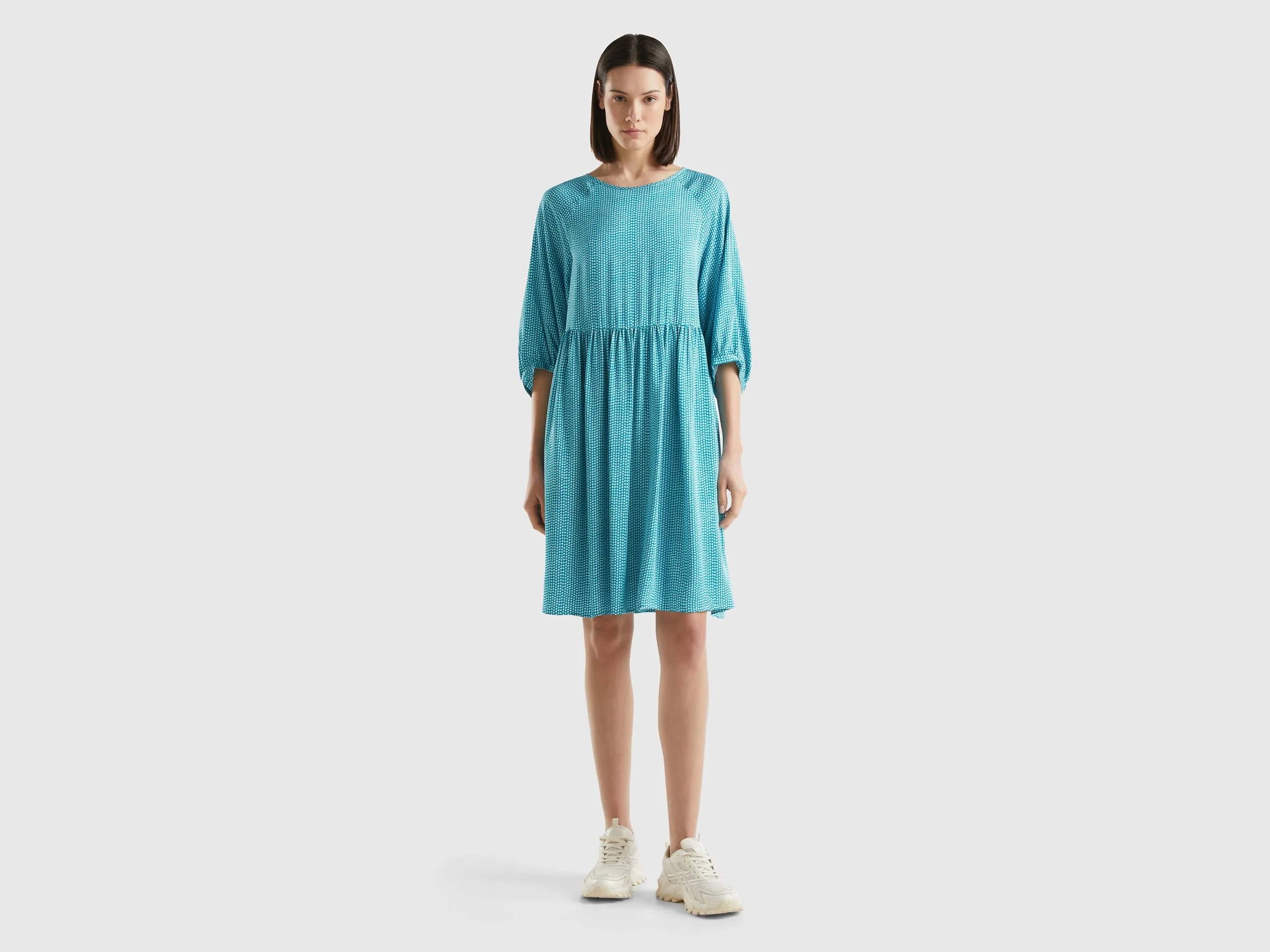 Benetton, Vestito Corto Fantasia, Verde Ottanio, Donna