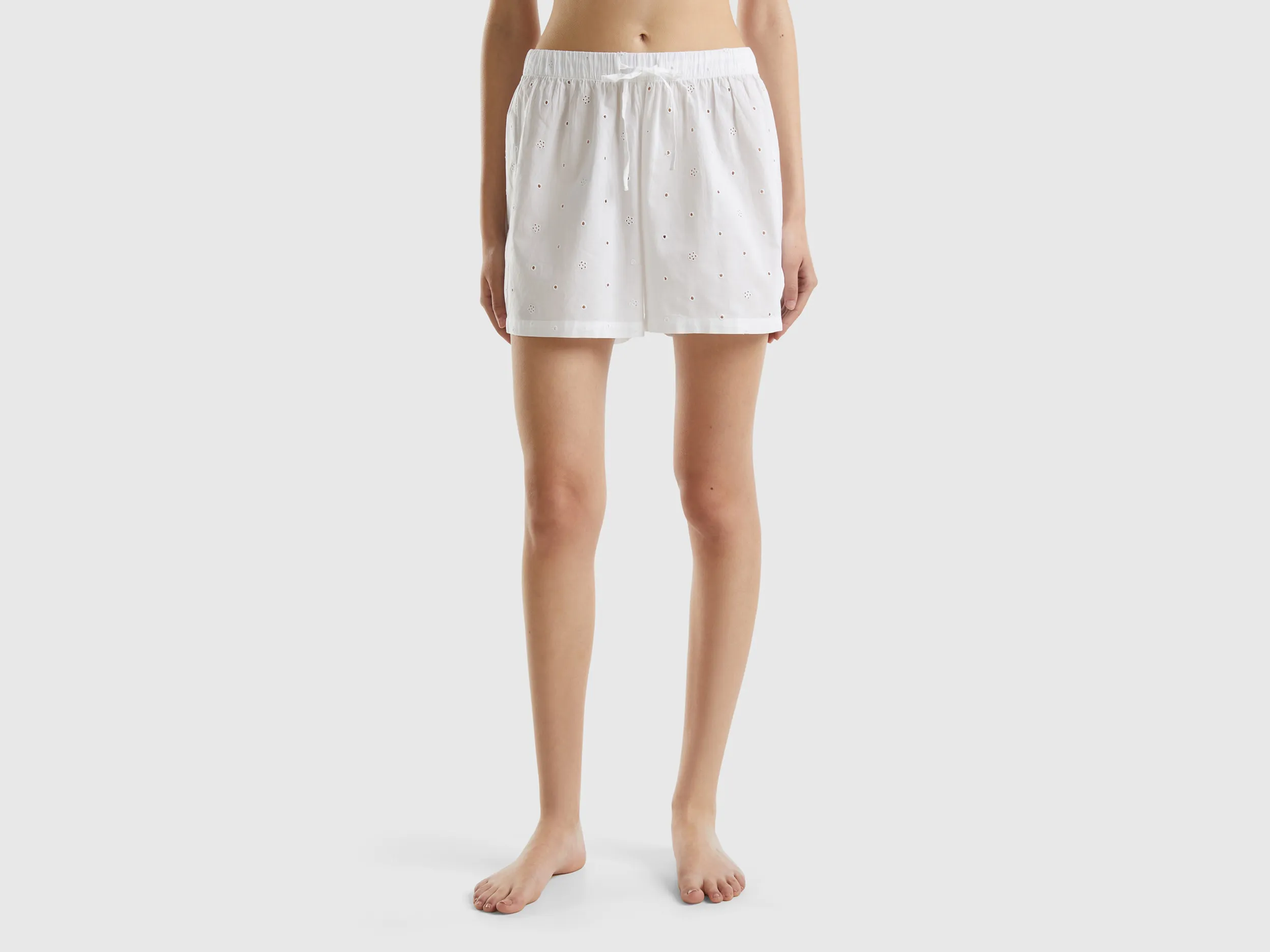 Benetton, Shorts Con Ricami Sangallo, Bianco, Donna