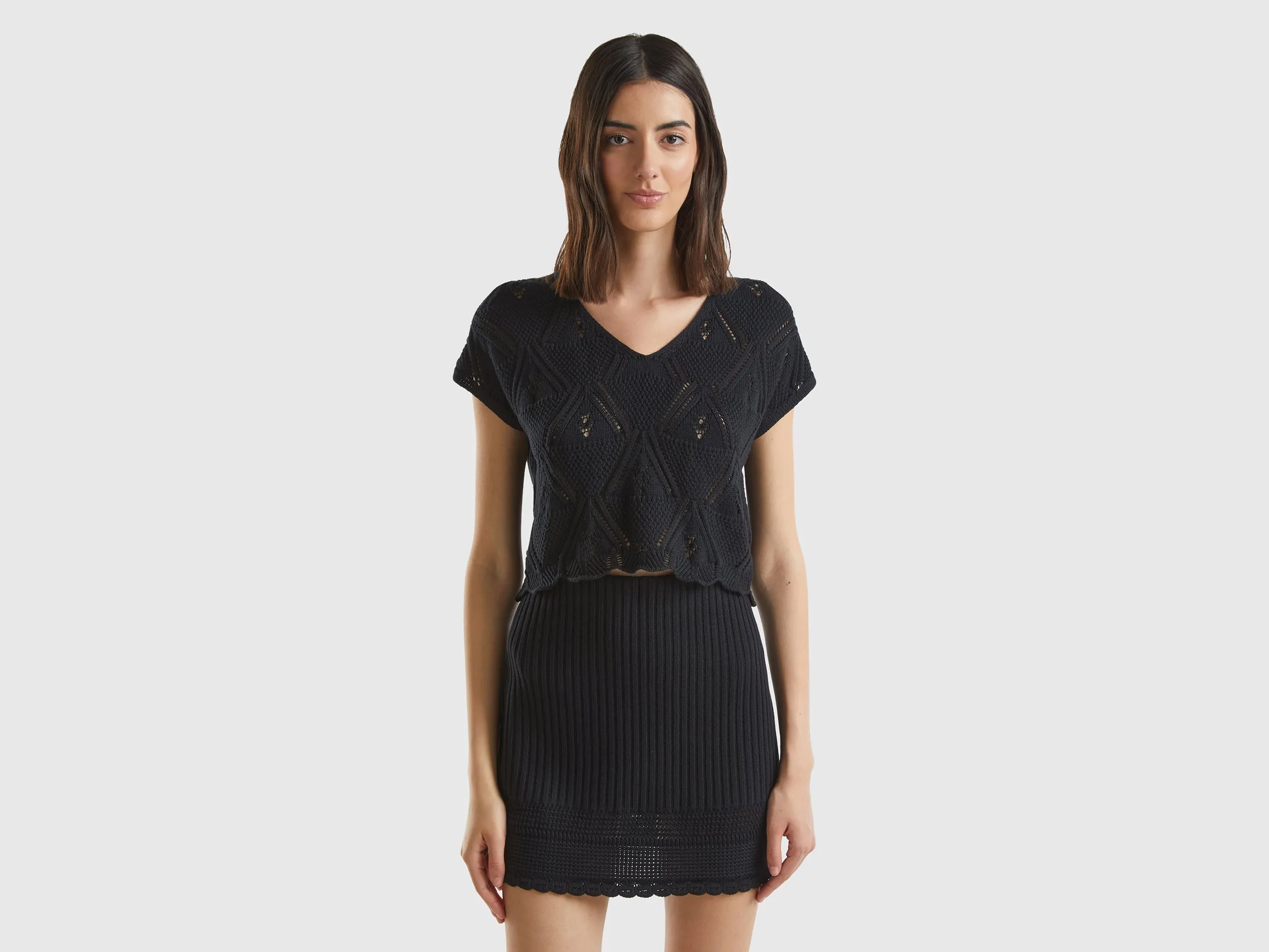 Benetton, Maglia Cropped Crochet, Nero, Donna