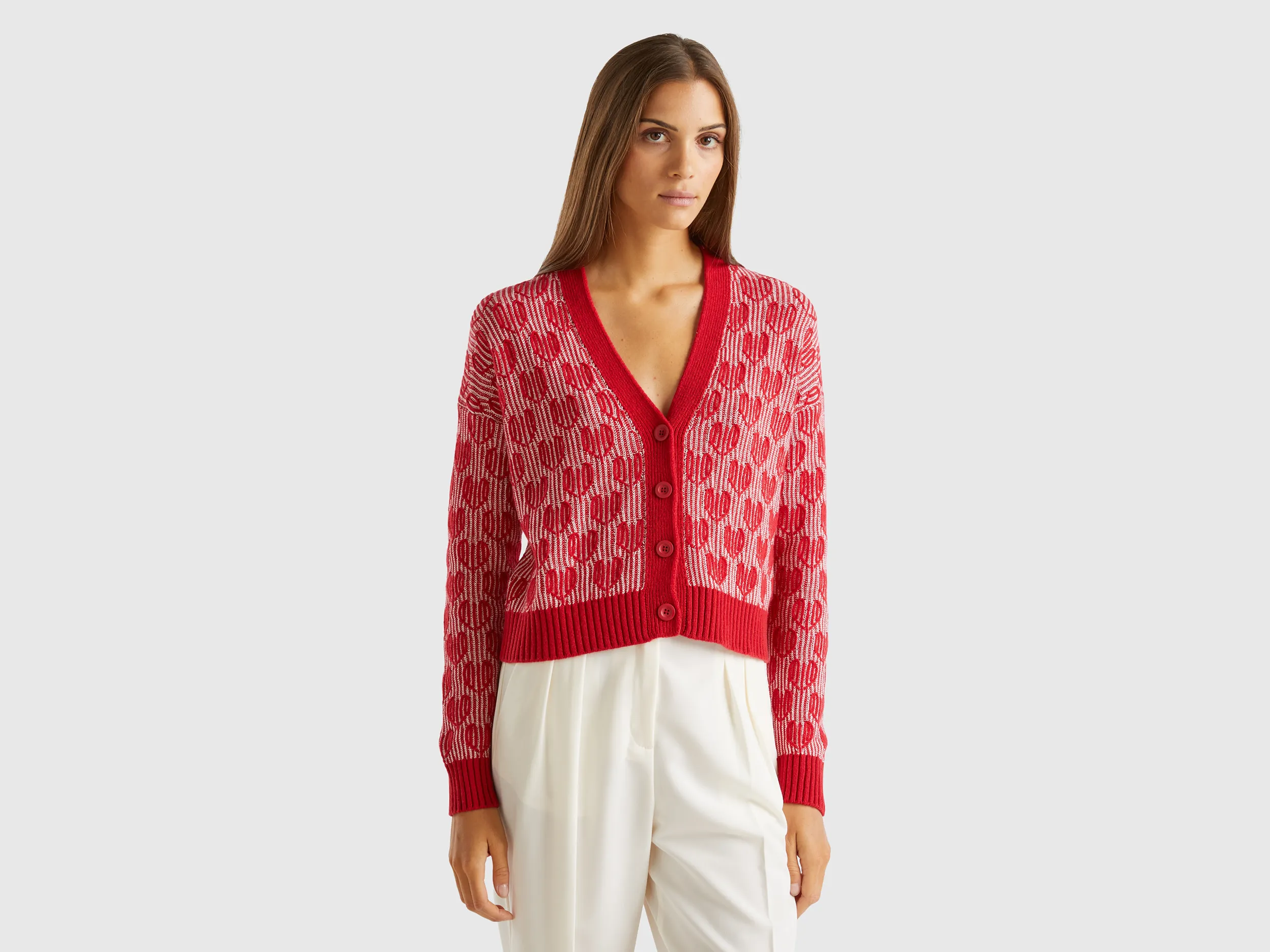 Benetton, Cardigan Con Intarsio Cuori, Rosso, Donna