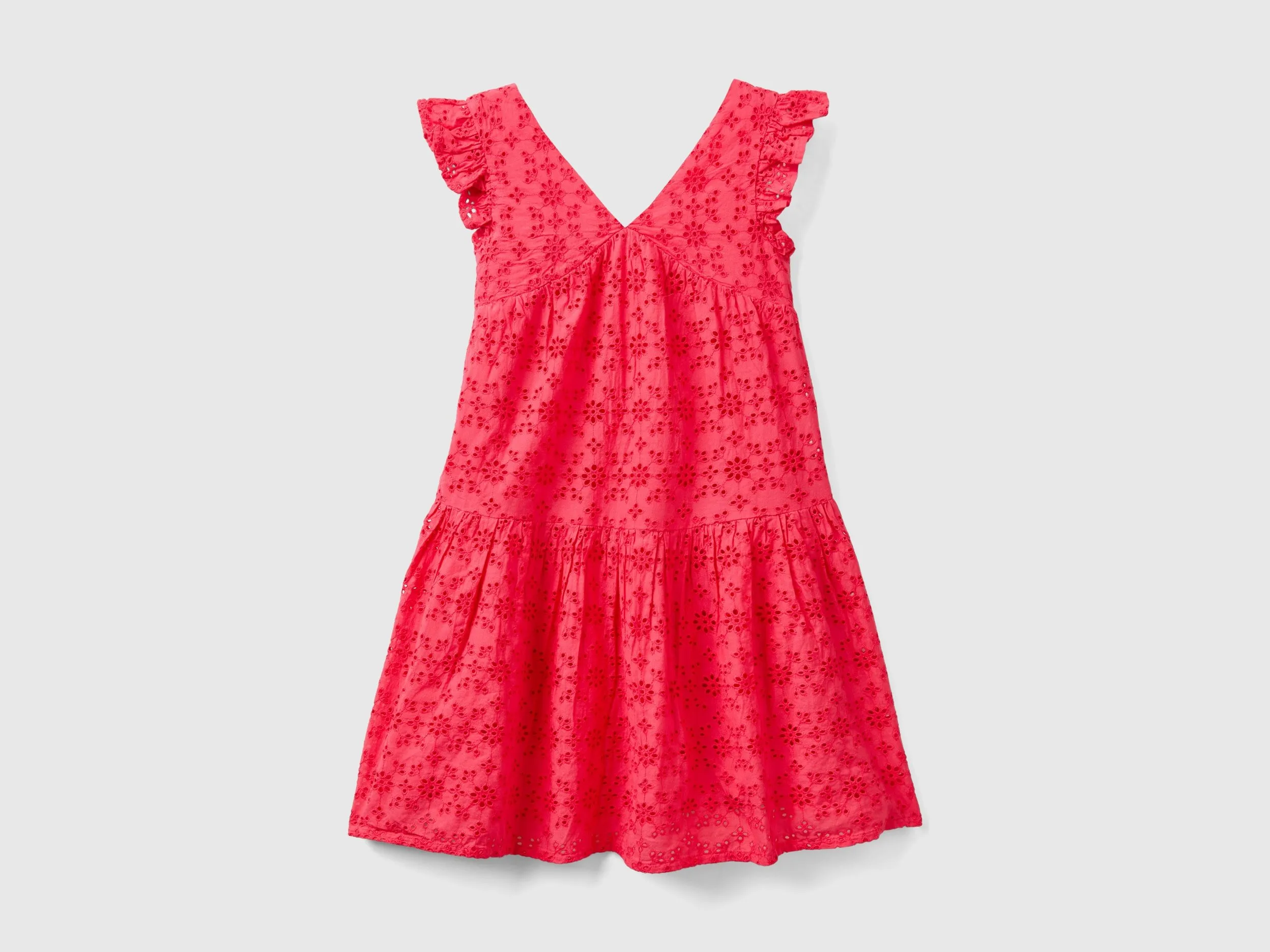 Benetton, Vestito Con Ricami Sangallo, Fucsia, Bambini