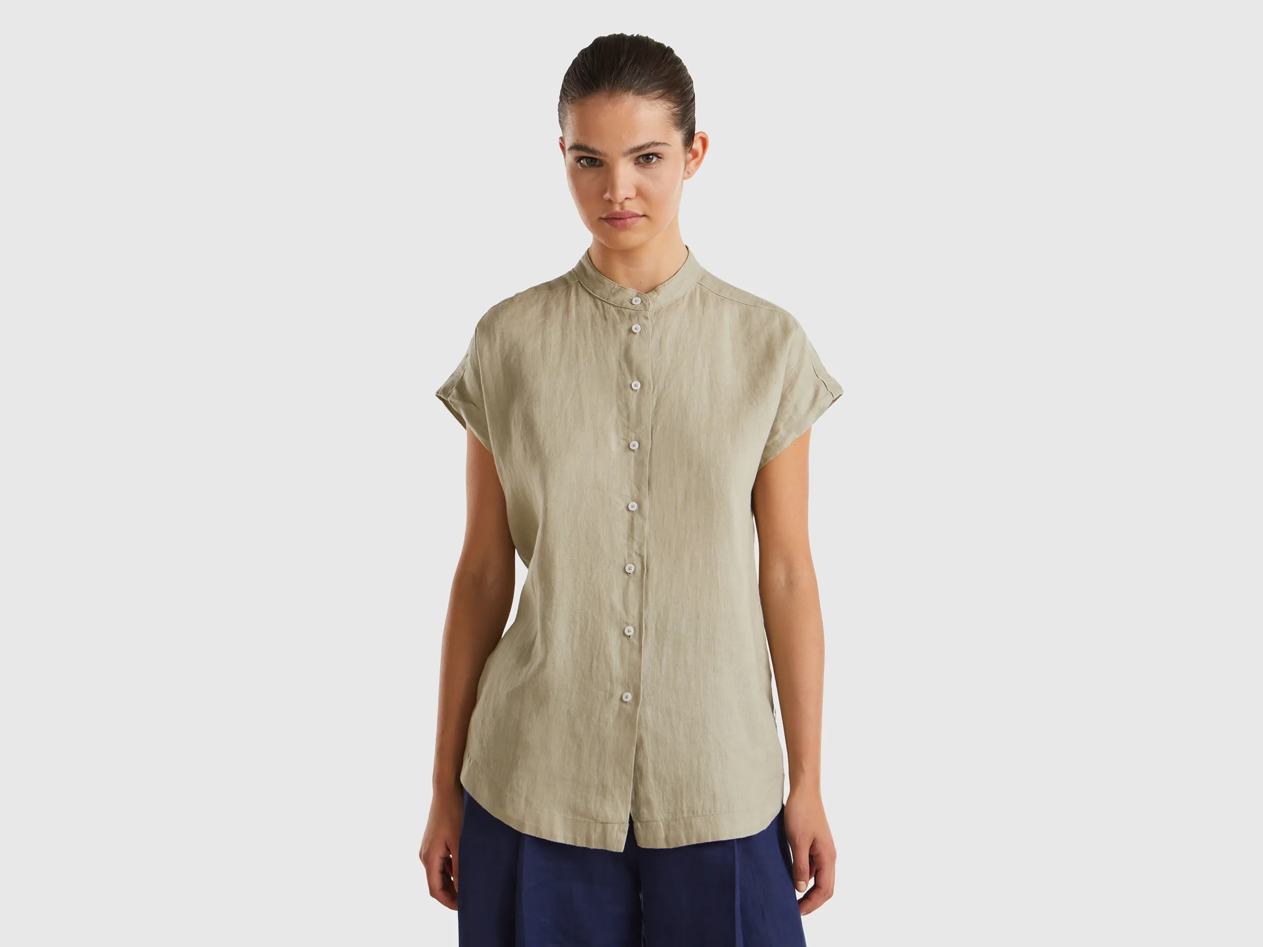 Benetton, Camicia Alla Coreana In Puro Lino, Verde Chiaro, Donna