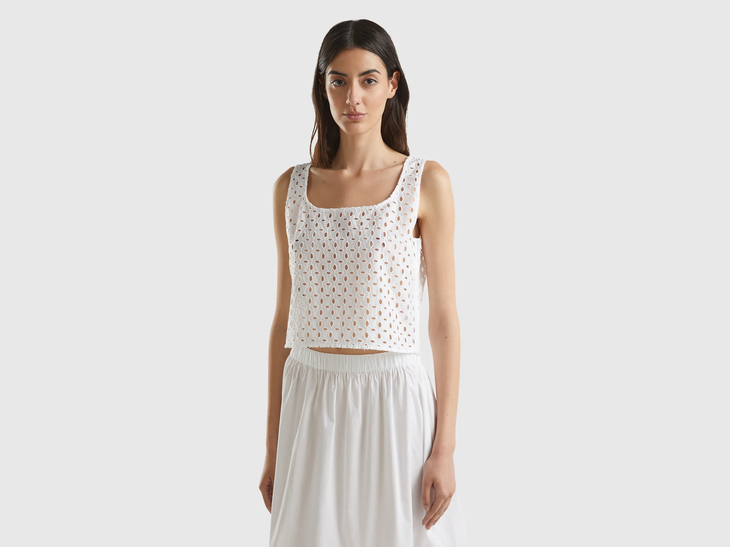 Benetton, Blusa Smanicata In Sangallo, Bianco, Donna