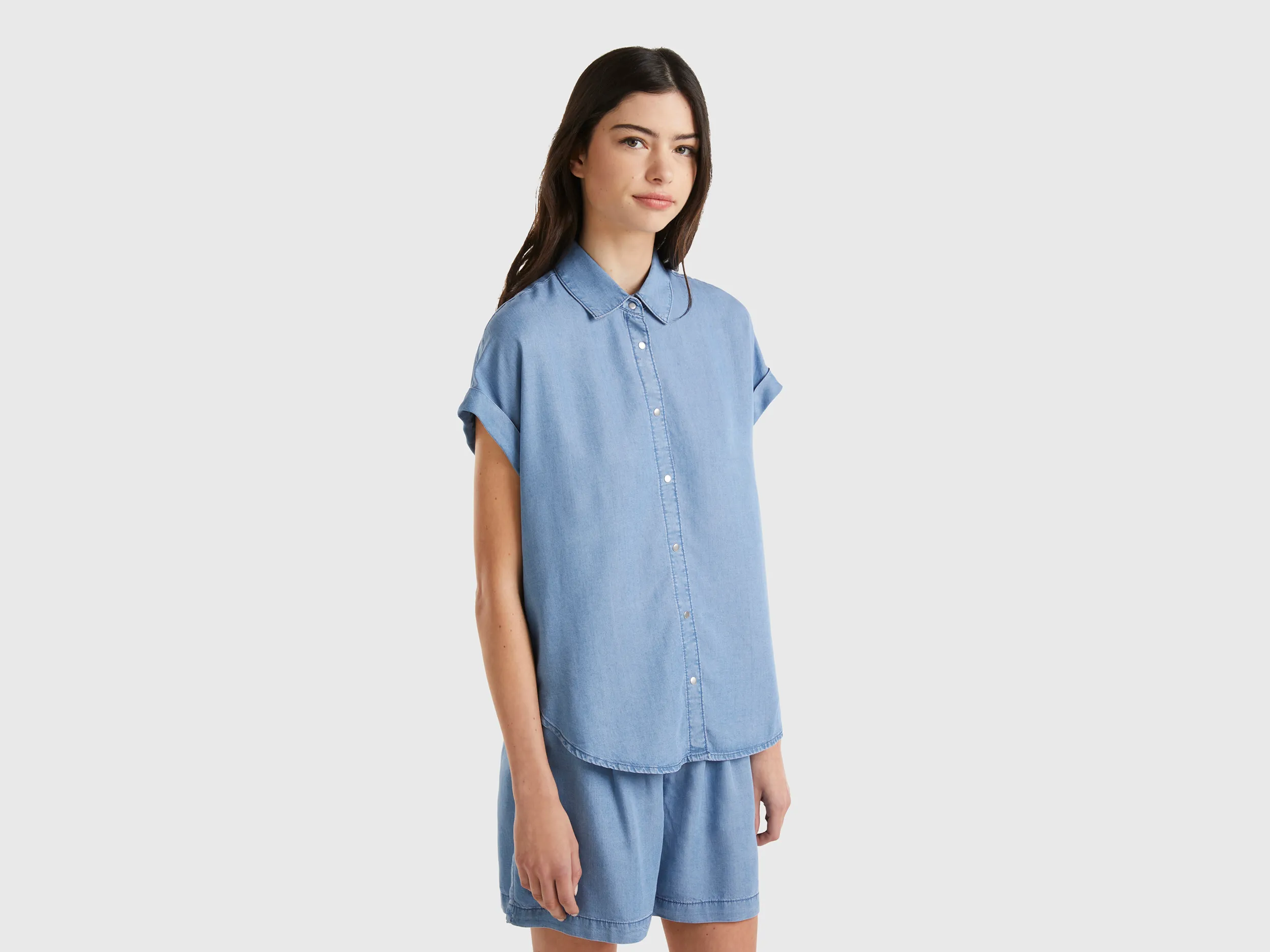 Benetton, Blusa In Viscosa Sostenibile, Blu Chiaro, Donna