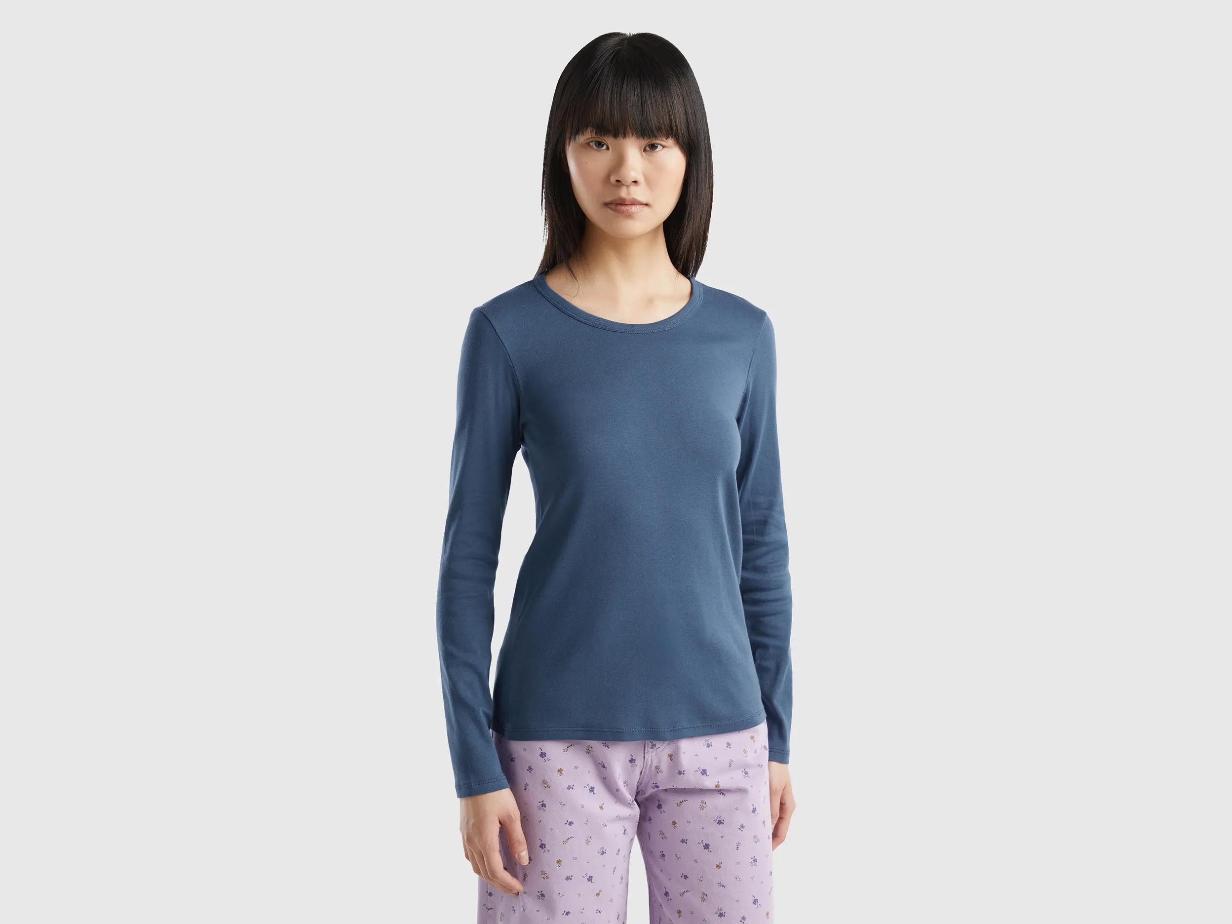 Benetton, T-shirt A Manica Lunga In Puro Cotone, Avio, Donna