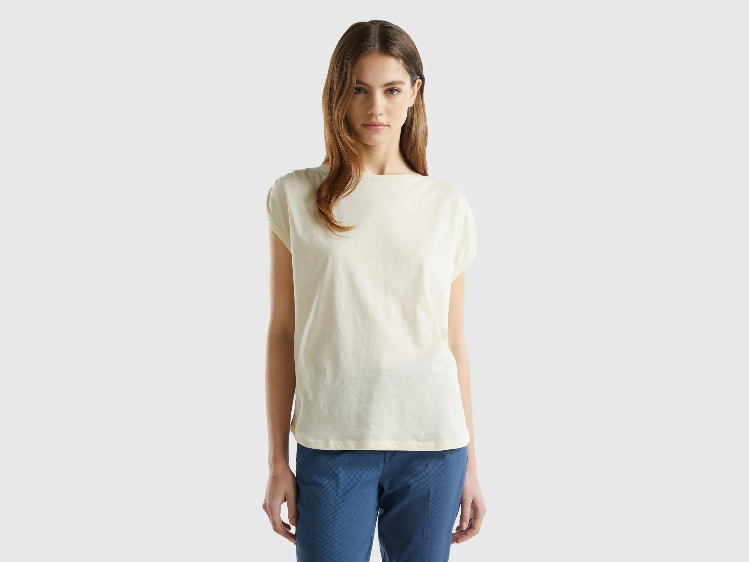 Benetton, Top Girocollo Regular Fit, Beige, Donna