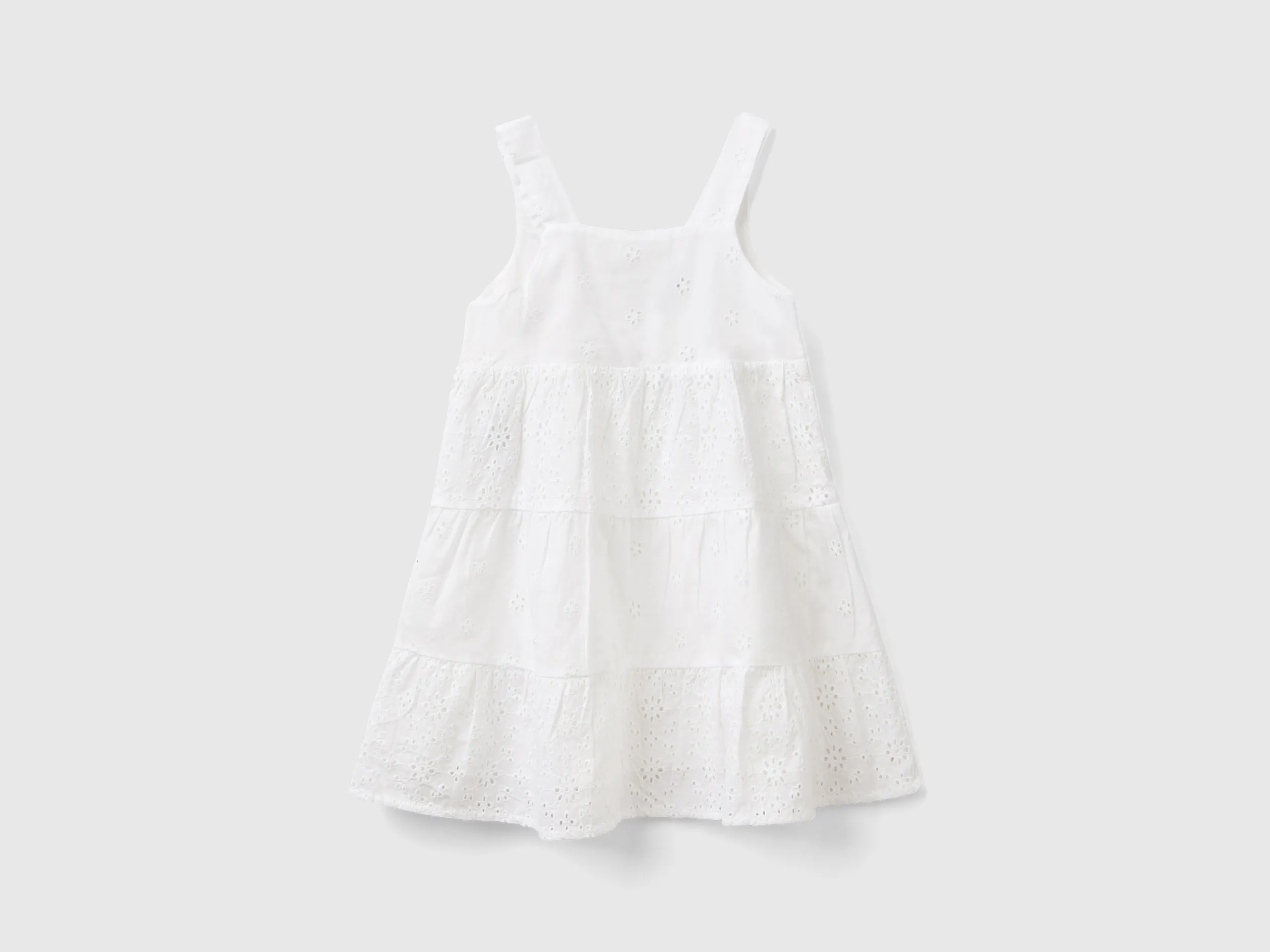 Benetton, Abito Con Ricami Sangallo, Bianco, Bambini