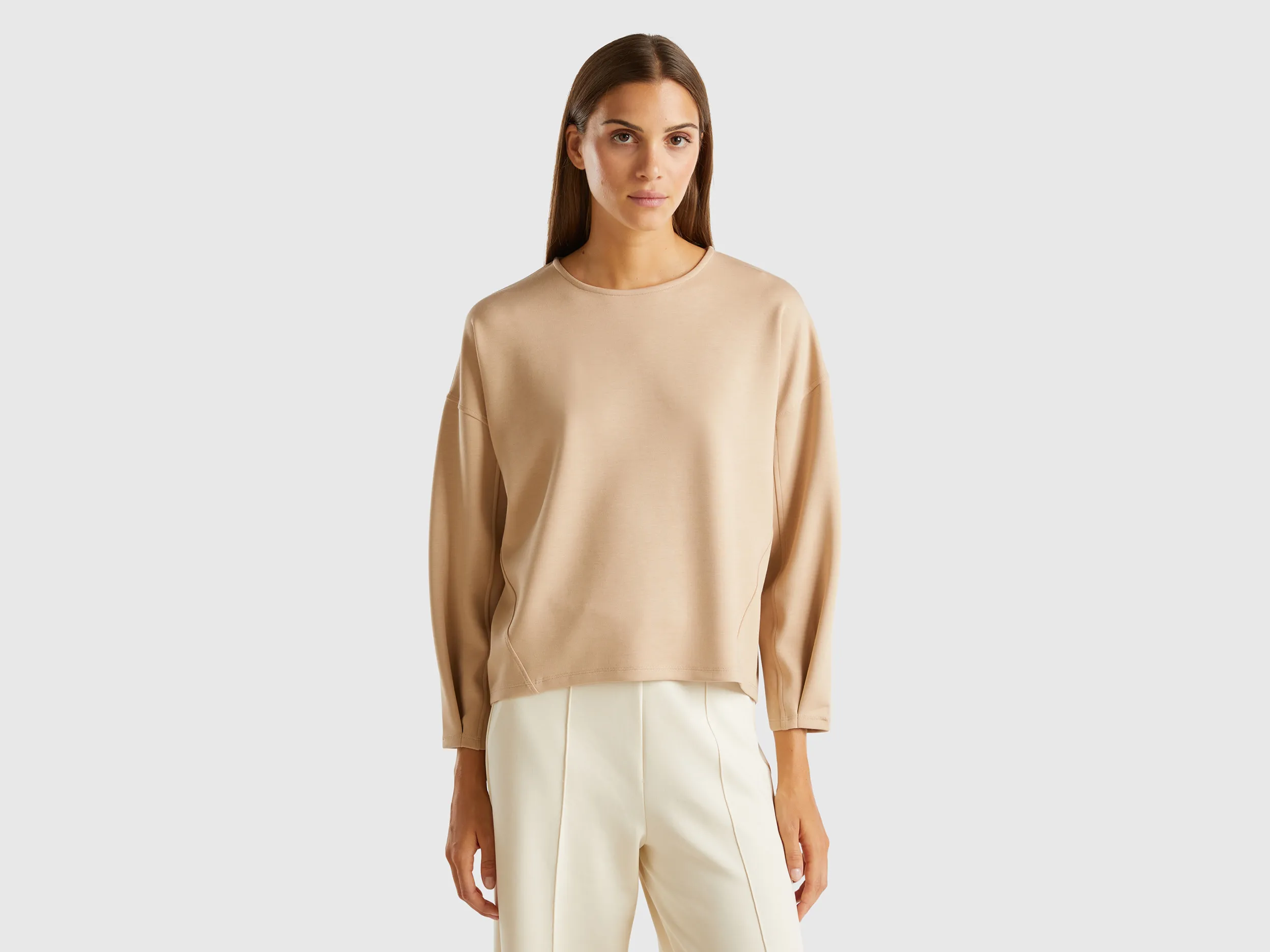 Benetton, Felpa Leggera In Misto Cotone E Modal®, Beige, Donna