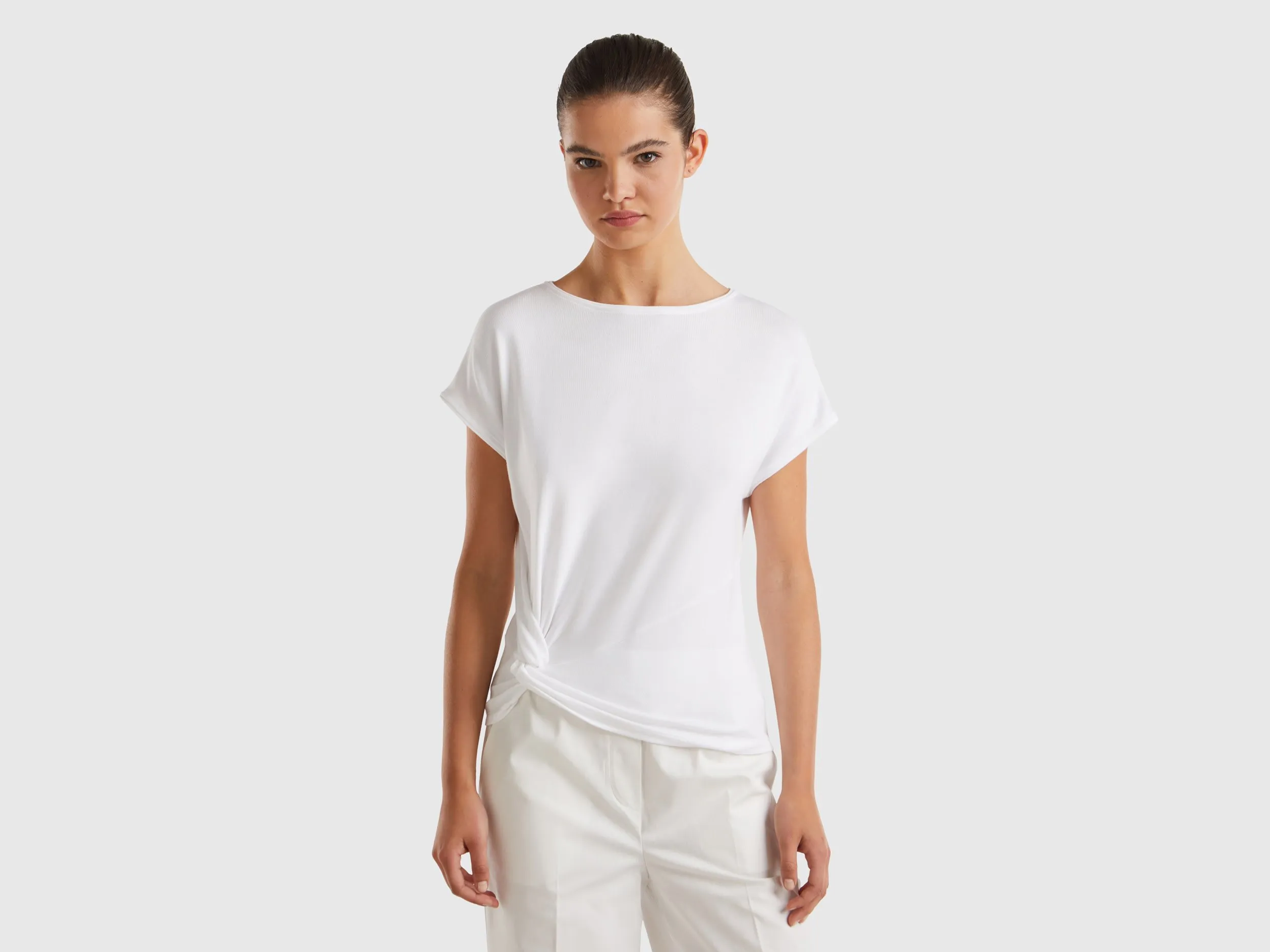 Benetton, T-shirt Fluida Con Nodo, Bianco, Donna