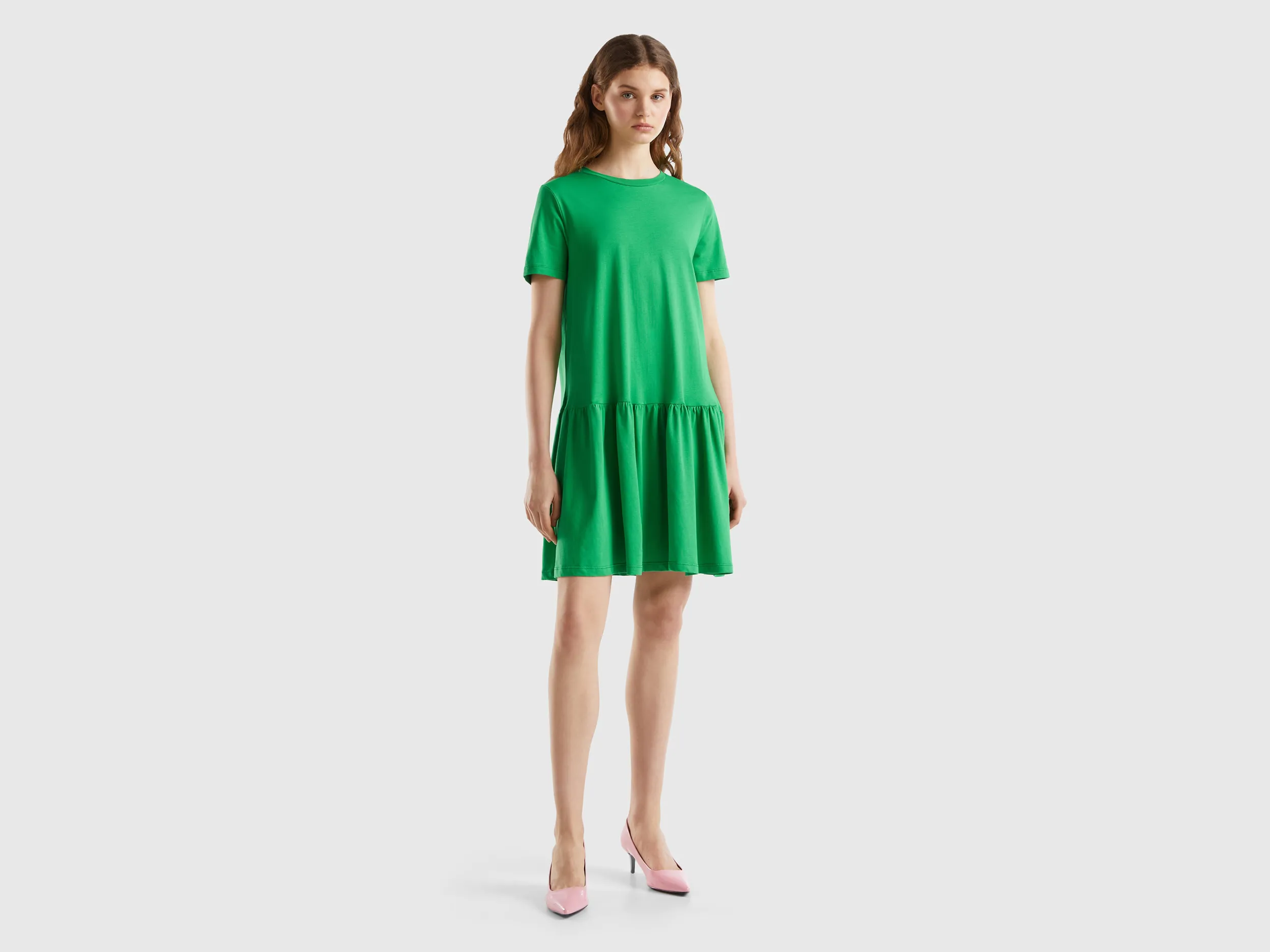 Benetton, Abito Corto In Cotone A Fibra Lunga, Verde, Donna