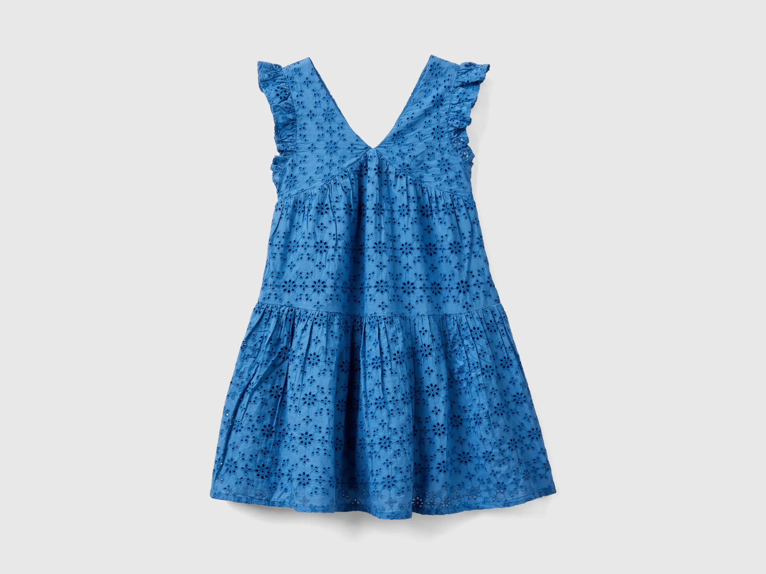 Benetton, Vestito Con Ricami Sangallo, Blu, Bambini