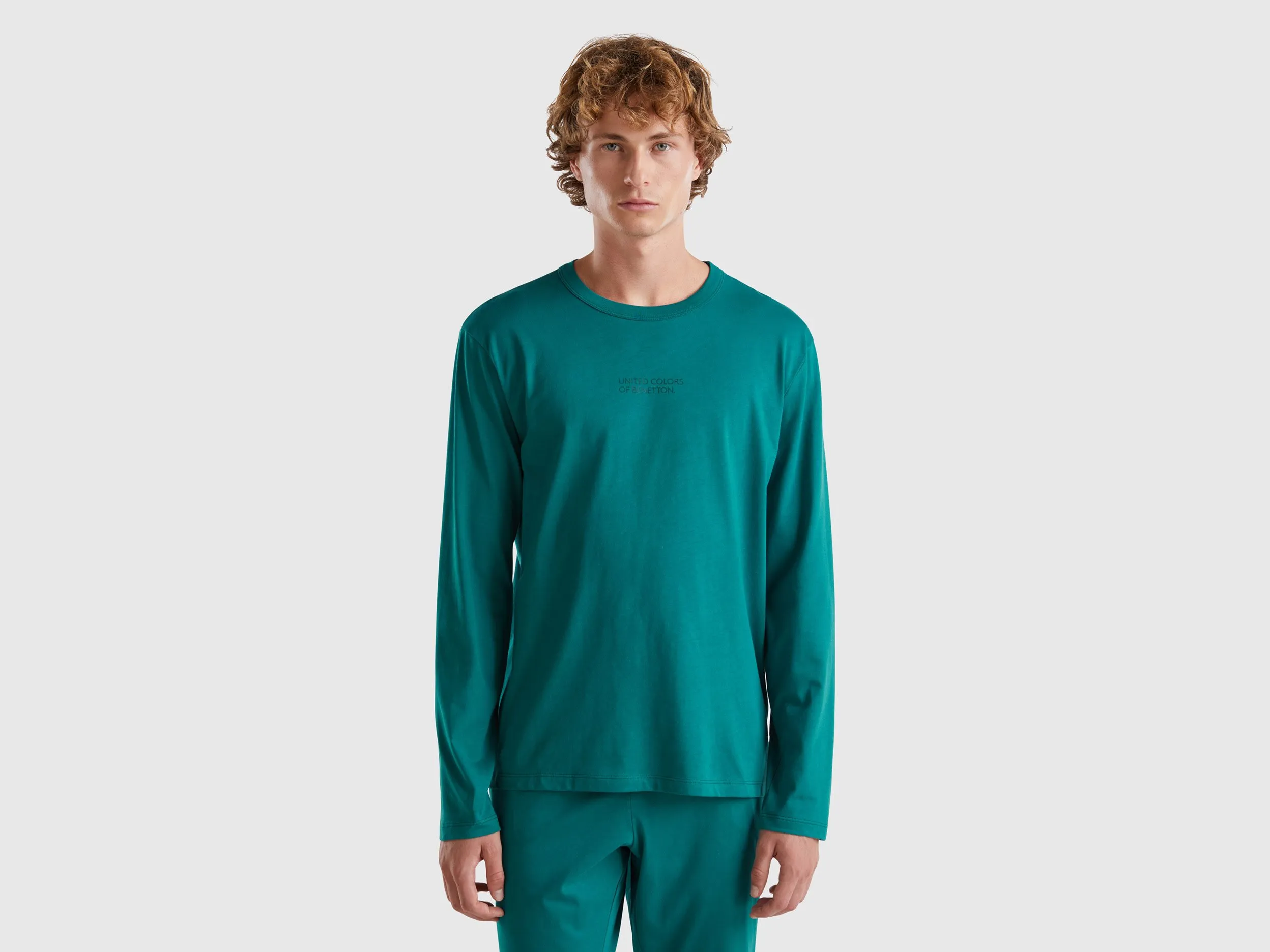 Benetton, Maglia Manica Lunga 100% Cotone, Verde Ottanio, Uomo