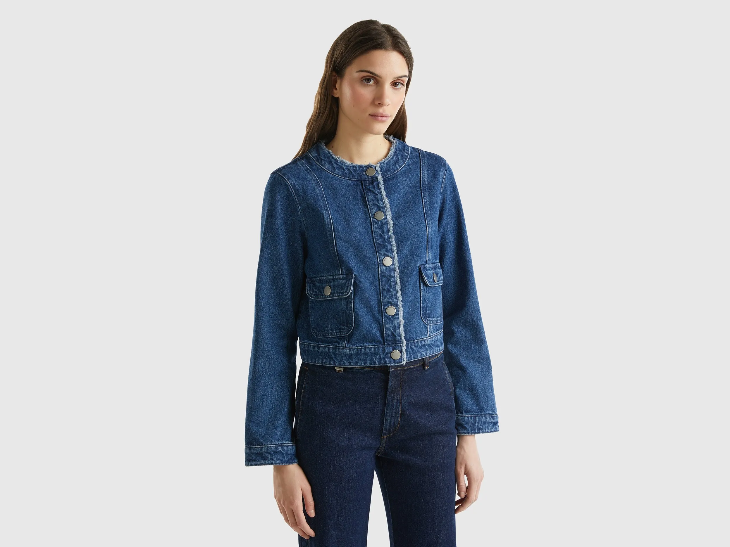 Benetton, Giacca Di Jeans Girocollo, Blu, Donna