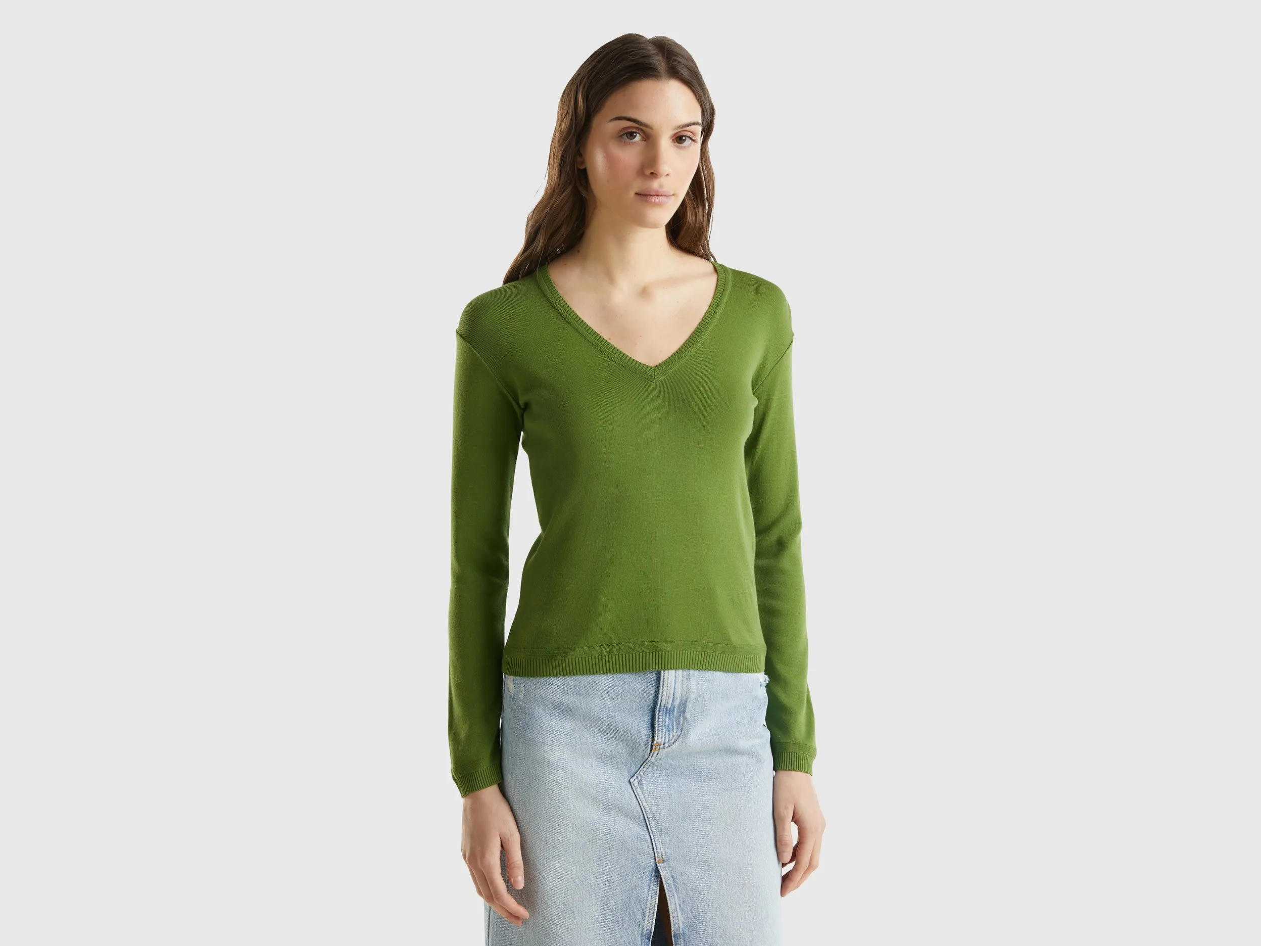 Benetton, Maglia In Puro Cotone Con Scollo A V, Verde Militare, Donna