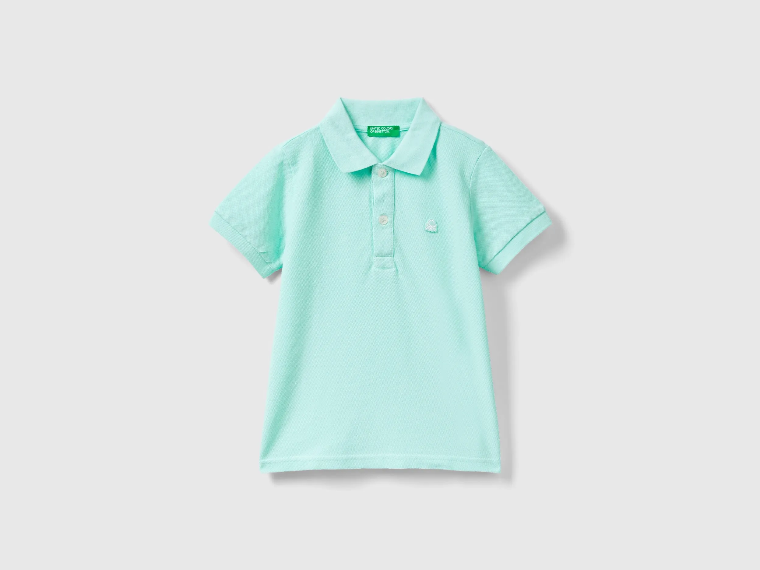 Benetton, Polo Manica Corta In Cotone Biologico, Verde Acqua, Bambini