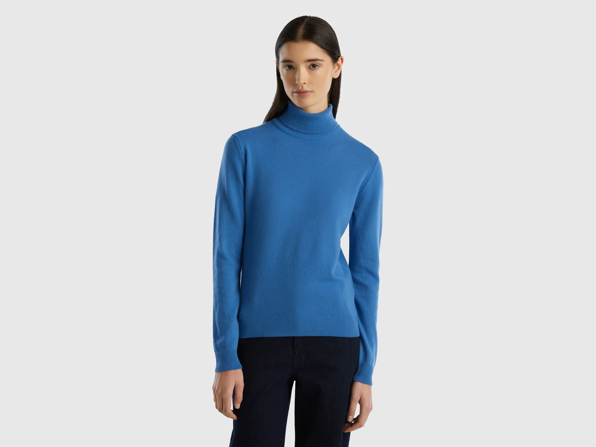 Benetton, Maglione Dolcevita Blu In Pura Lana Merino, Blu, Donna