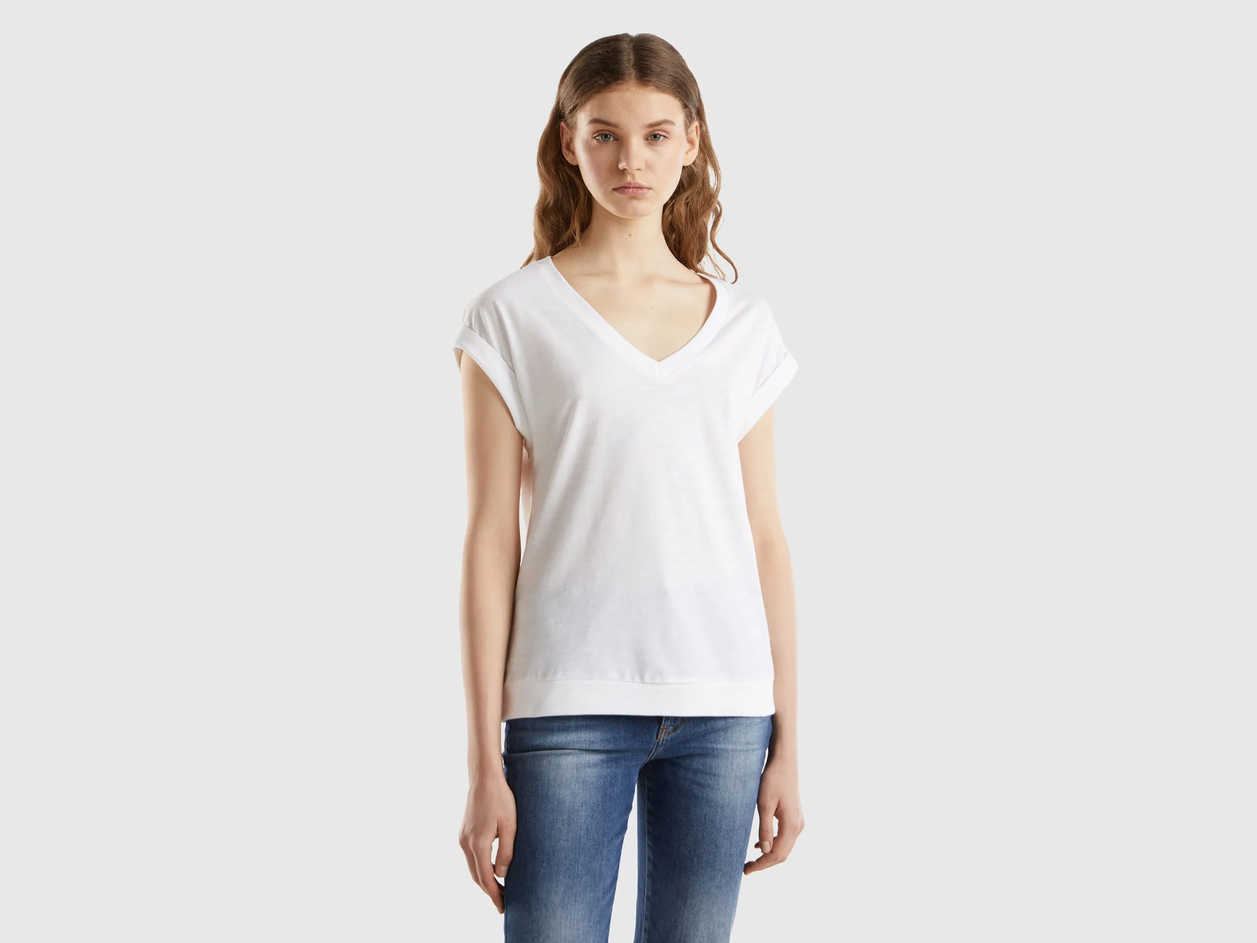 Benetton, T-shirt Con Scollo A V, Bianco, Donna