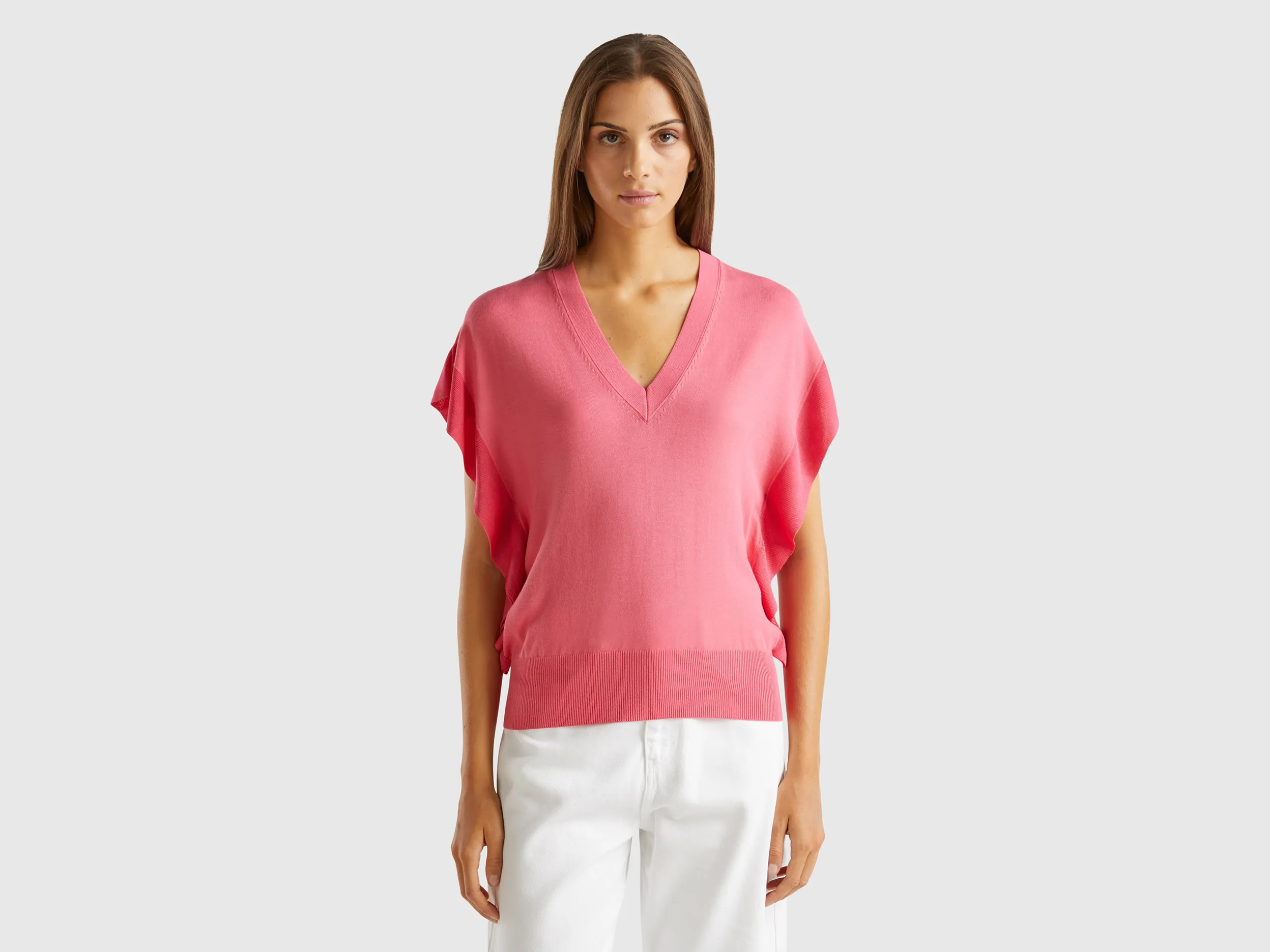 Benetton, Maglia Con Drappeggio, Fucsia, Donna