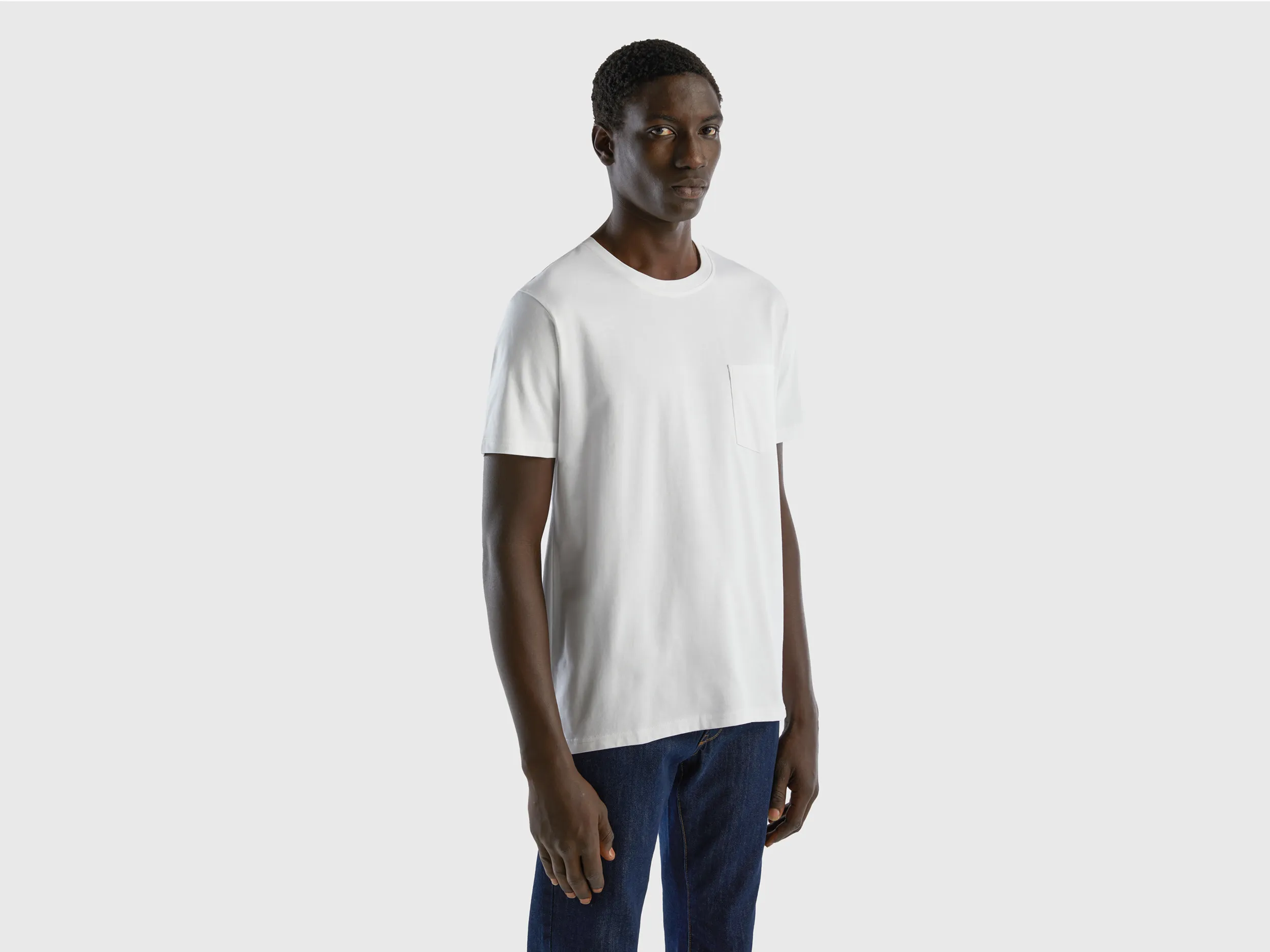 Benetton, T-shirt 100% Cotone Con Taschino, Bianco, Uomo