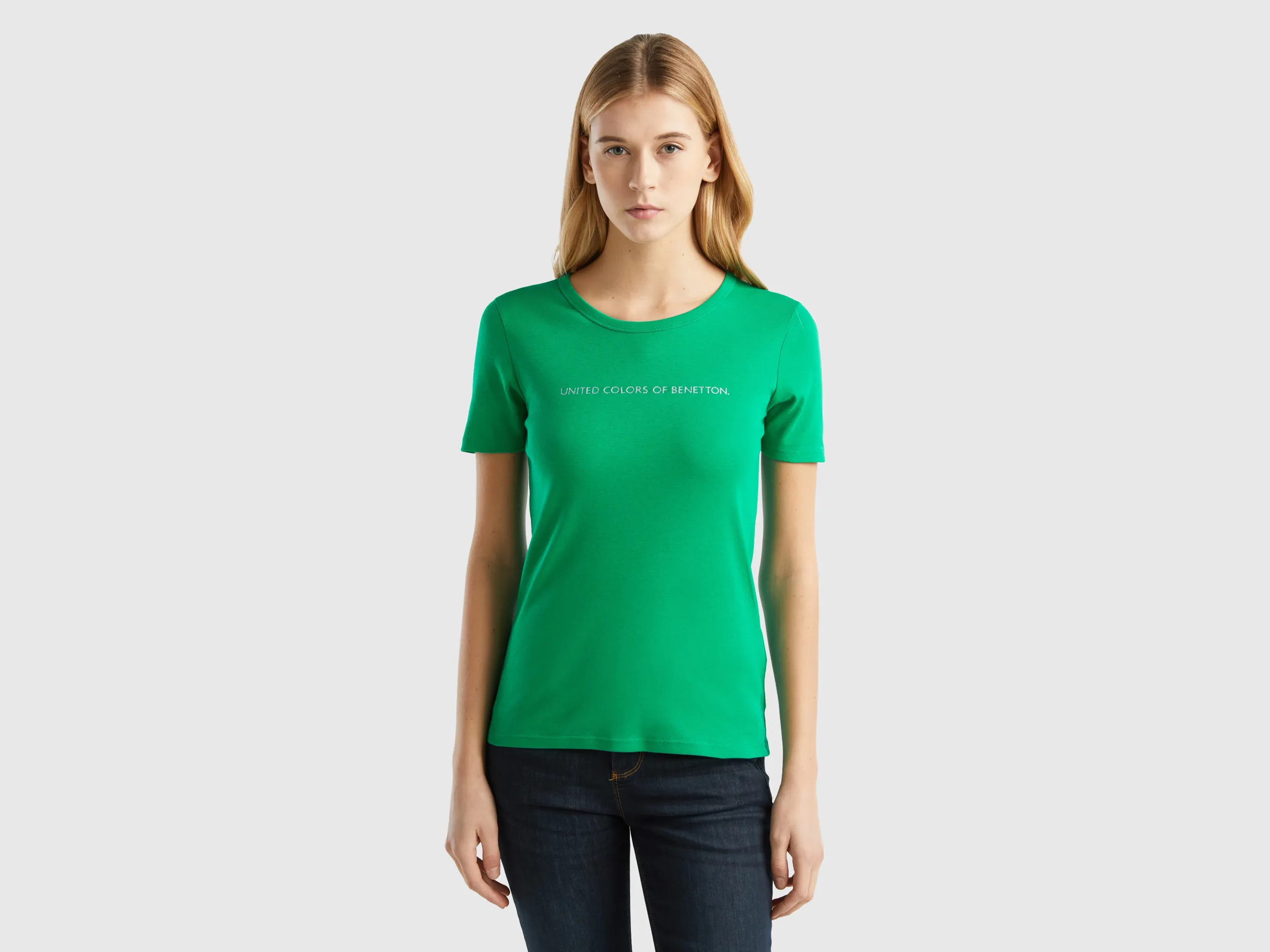 Benetton, T-shirt 100% Cotone Con Stampa Logo Glitter, Verde, Donna