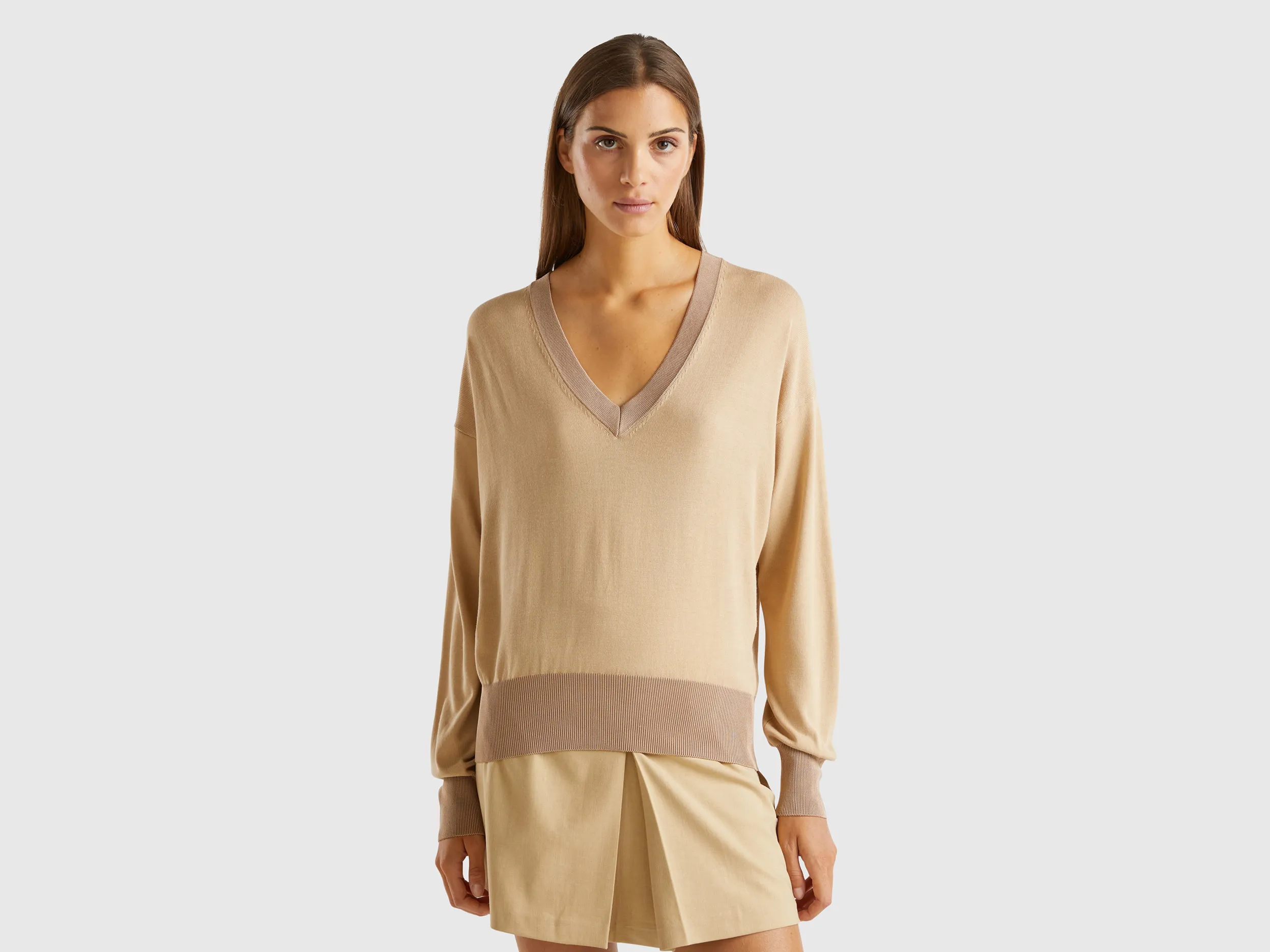 Benetton, Maglioncino Con Apertura Sul Retro, Beige, Donna