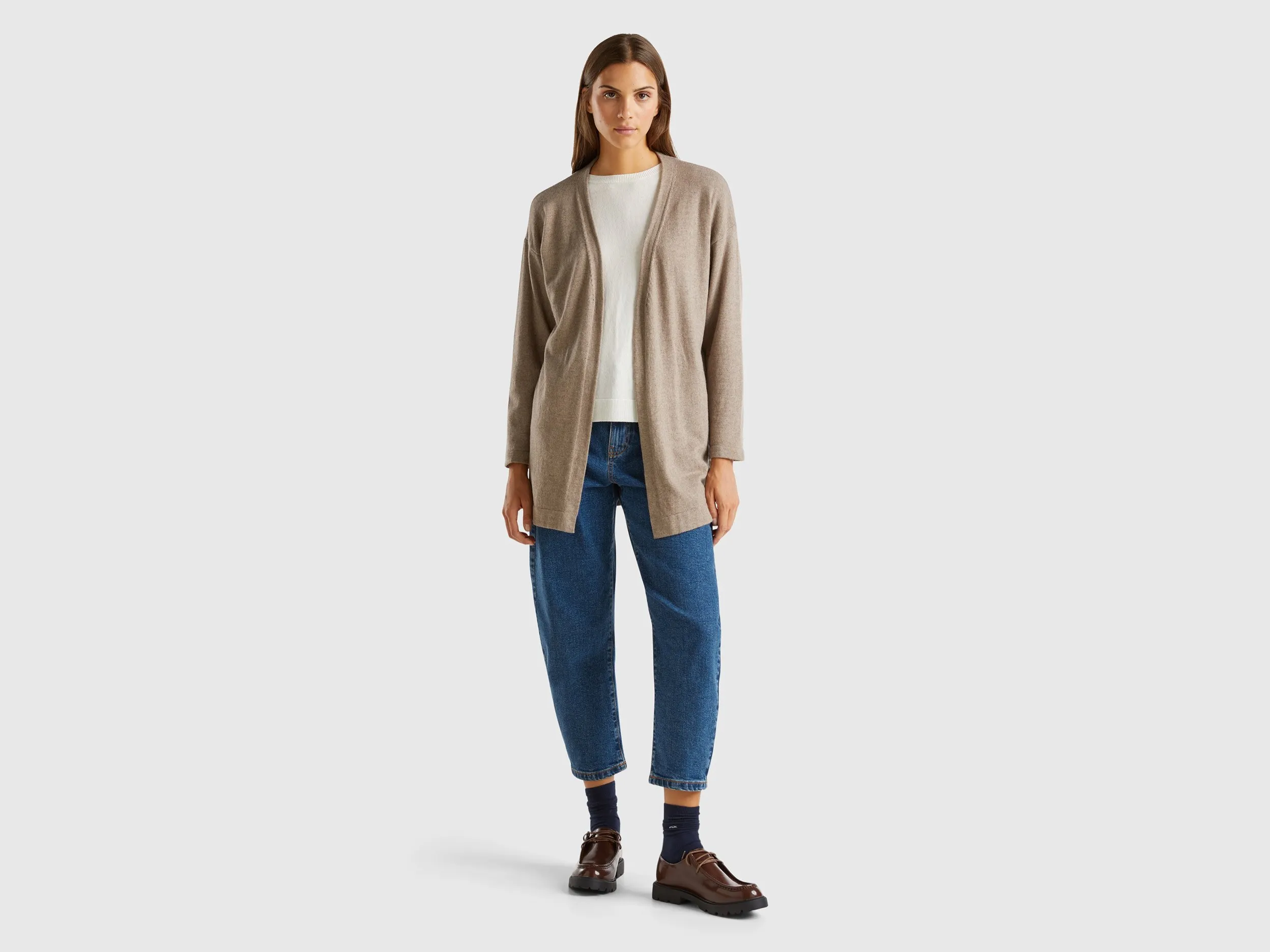 Benetton, Cardigan Marrone Mélange Aperto In Misto Lana E Cashmere, Marrone, Donna