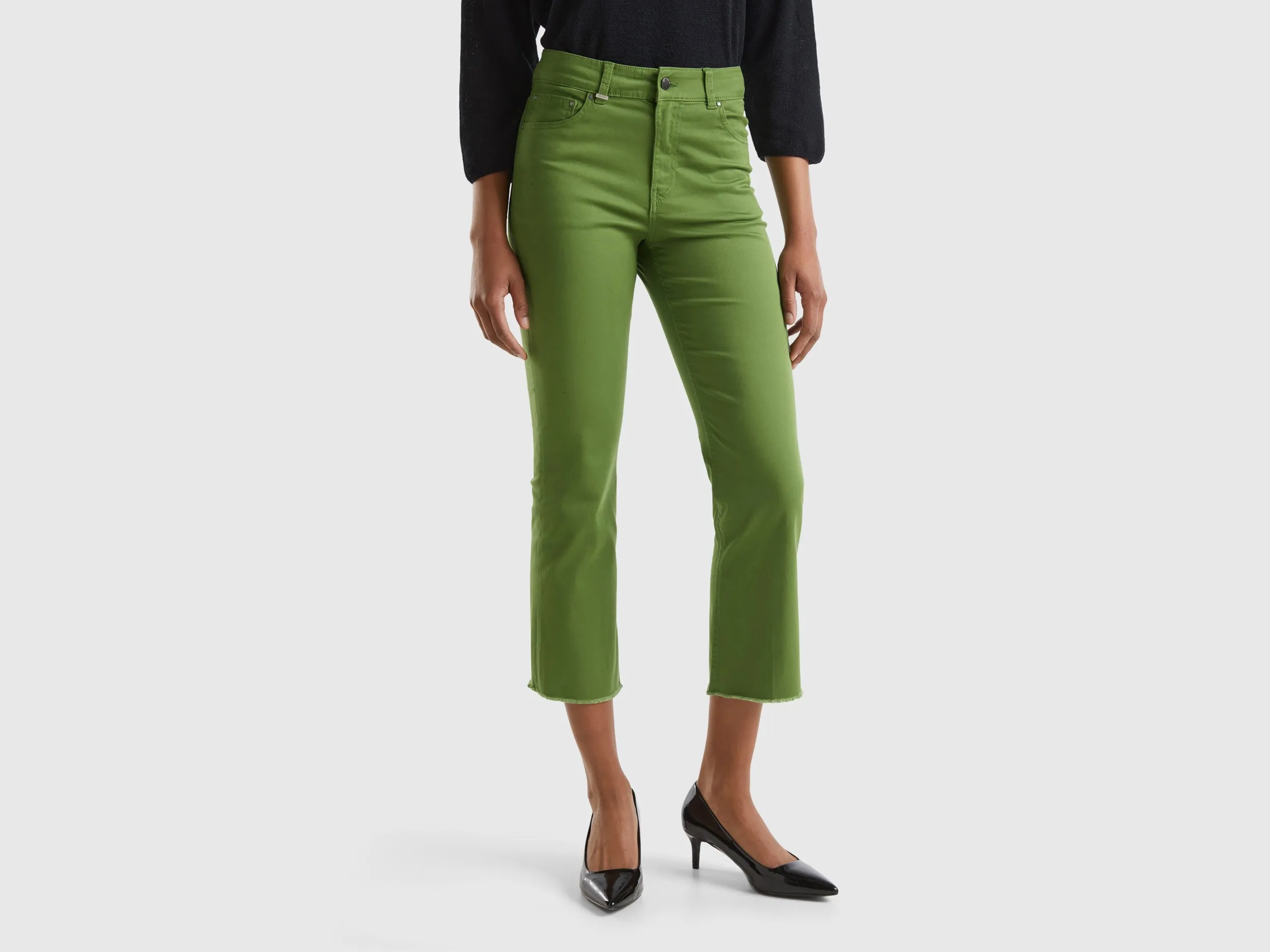 Benetton, Pantaloni Cropped Cinque Tasche, Verde Militare, Donna