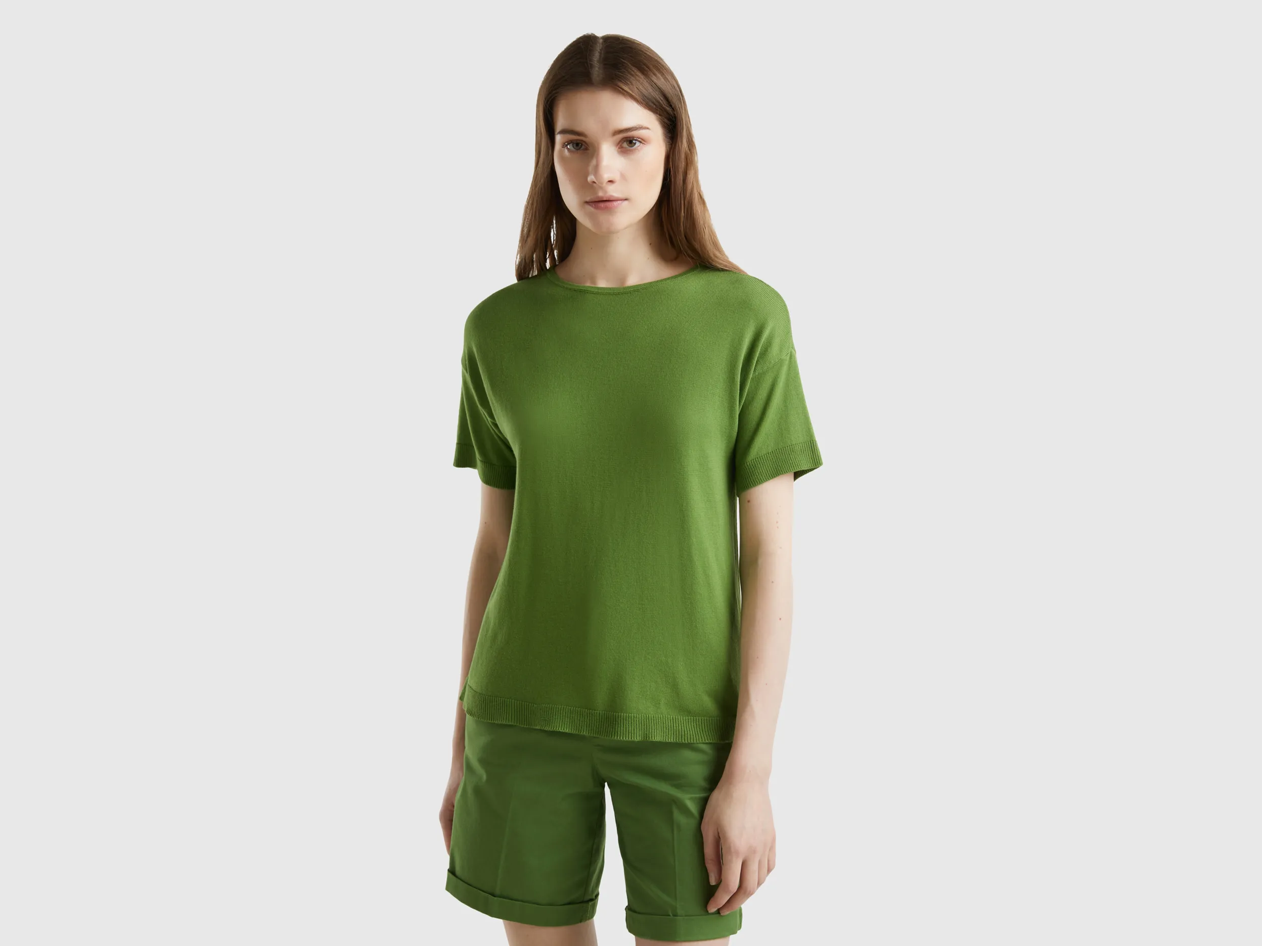 Benetton, Maglia A Manica Corta, Verde Militare, Donna