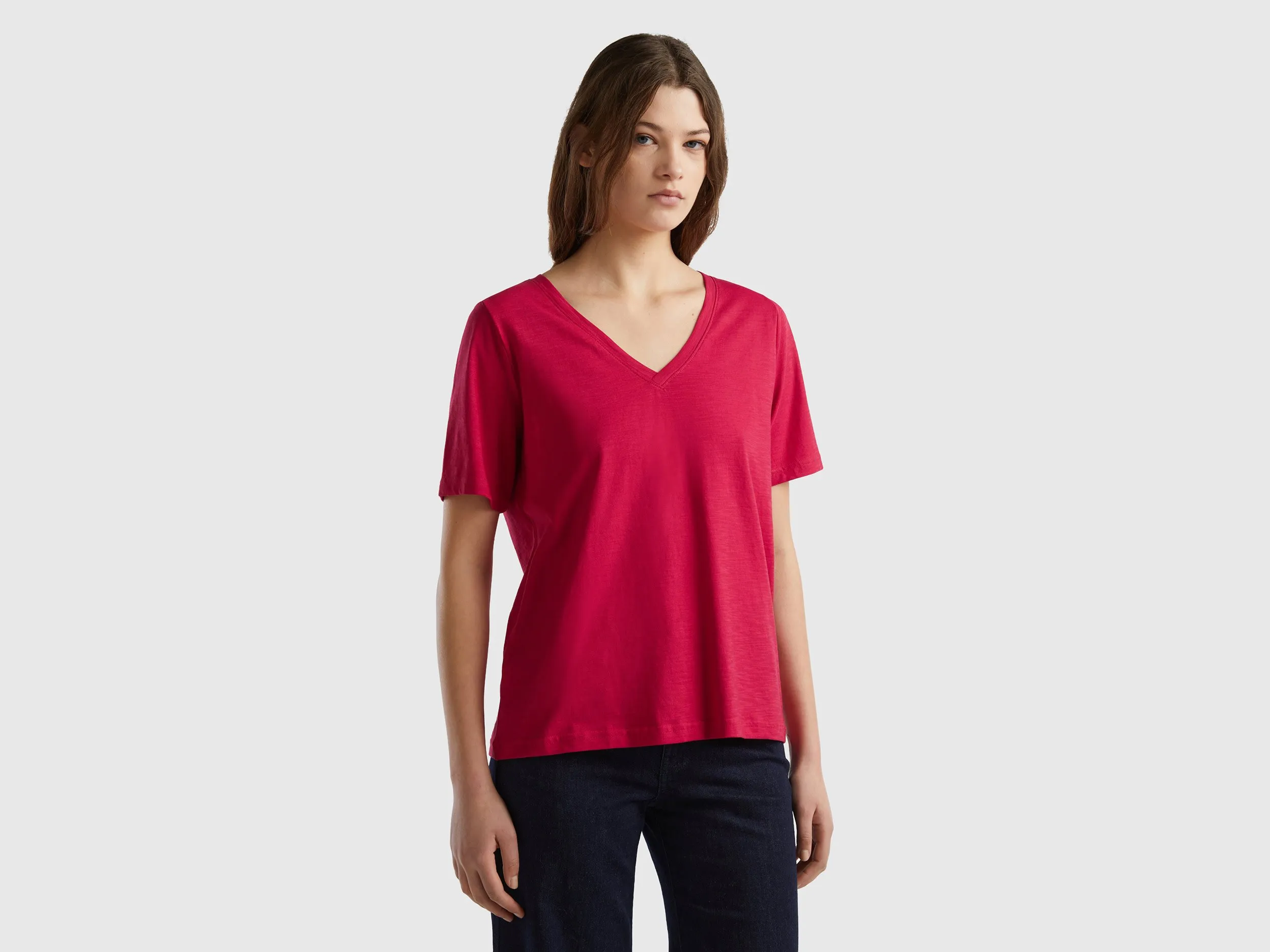 Benetton, T-shirt Scollo A V In Cotone Fiammato, Ciclamino, Donna