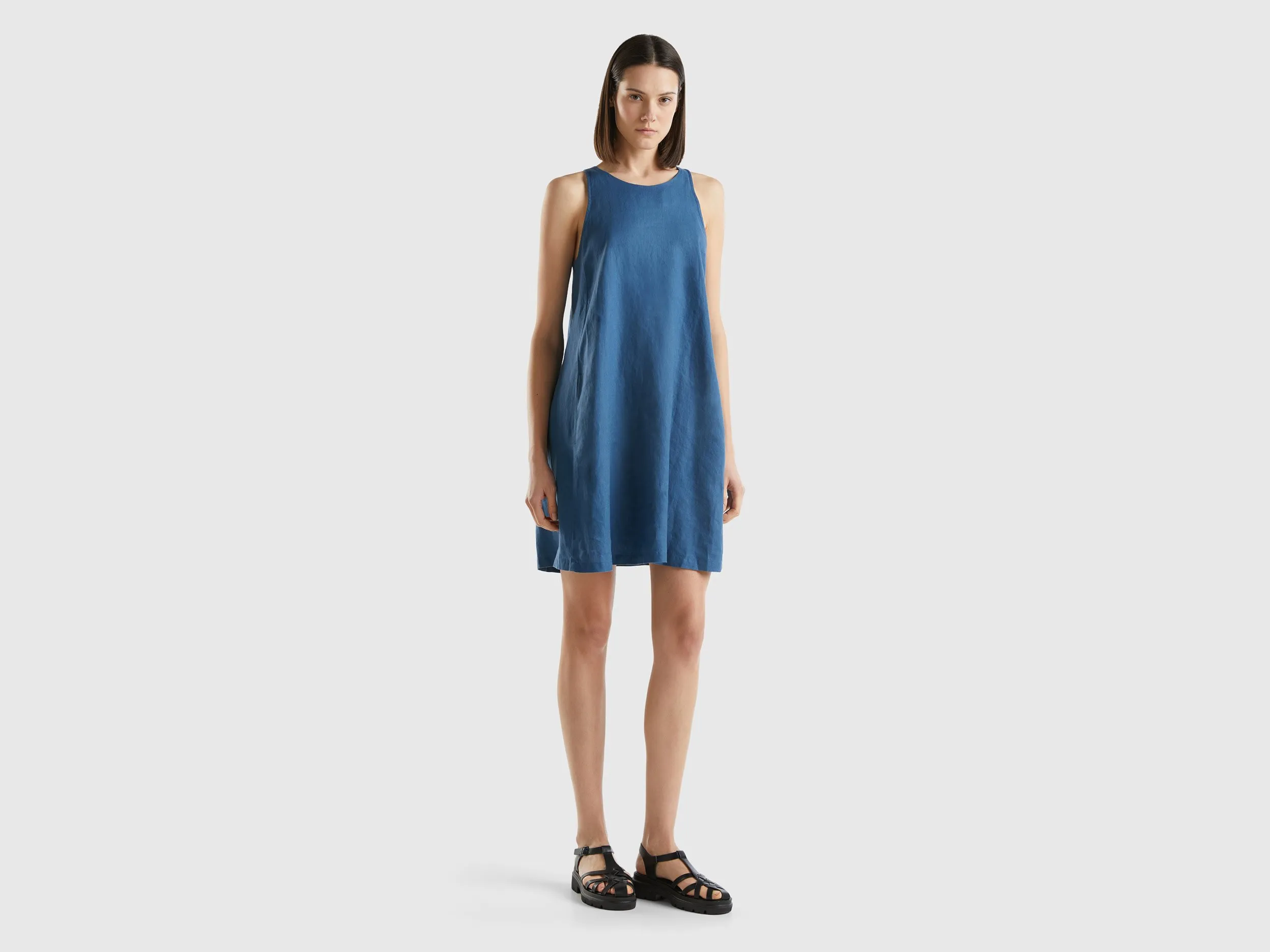 Benetton, Vestito Smanicato In Puro Lino, Blu, Donna