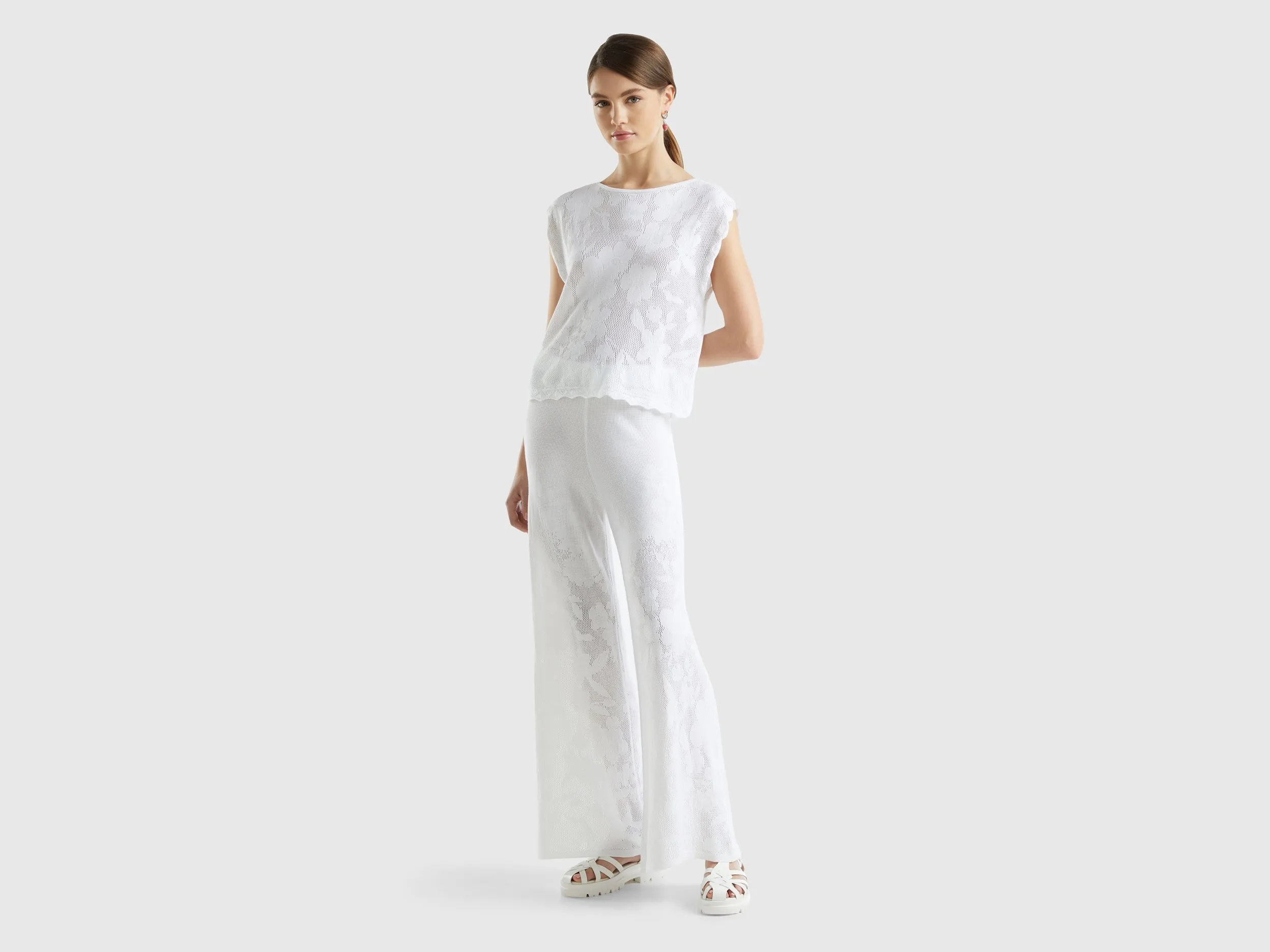 Benetton, Pantaloni Ampi Con Motivo Fiori, Bianco, Donna