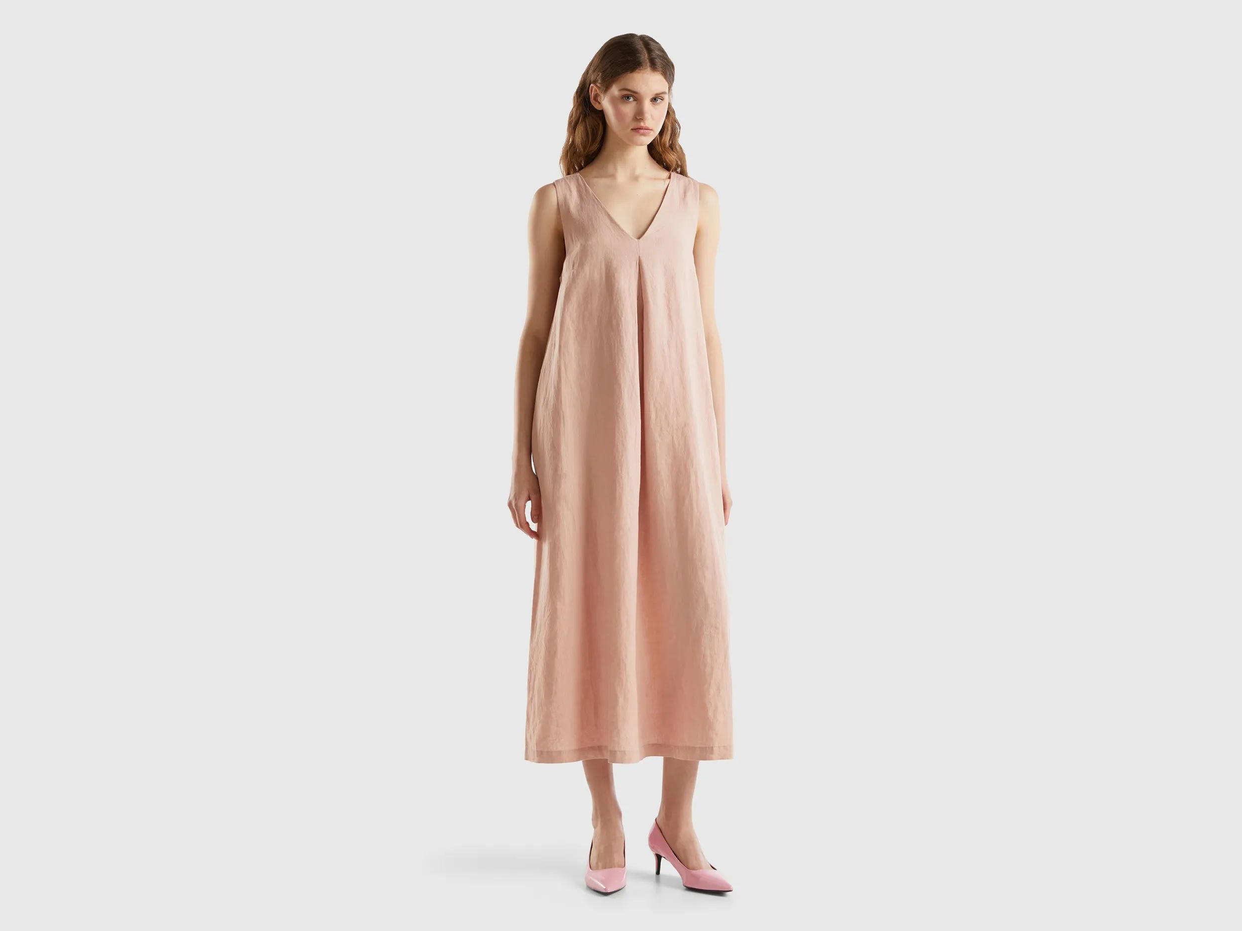 Benetton, Vestito Smanicato In Puro Lino, Rosa Tenue, Donna