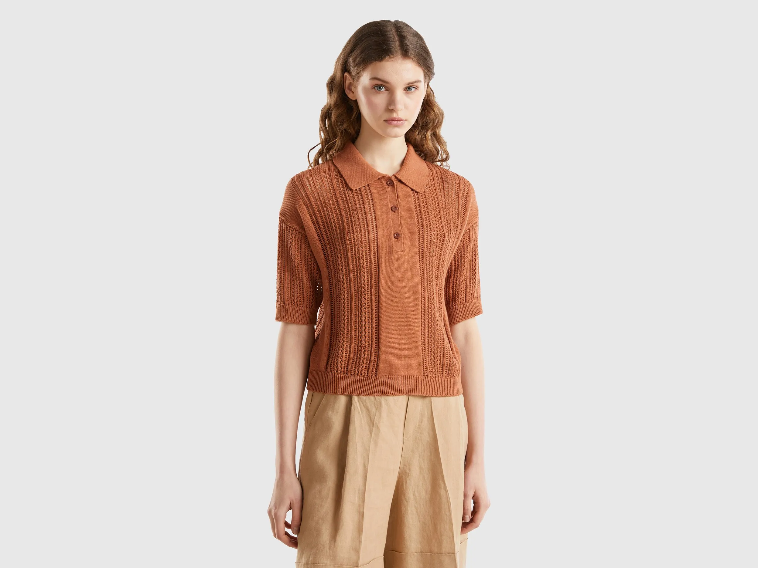 Benetton, Polo In Maglia Crochet, Marrone, Donna